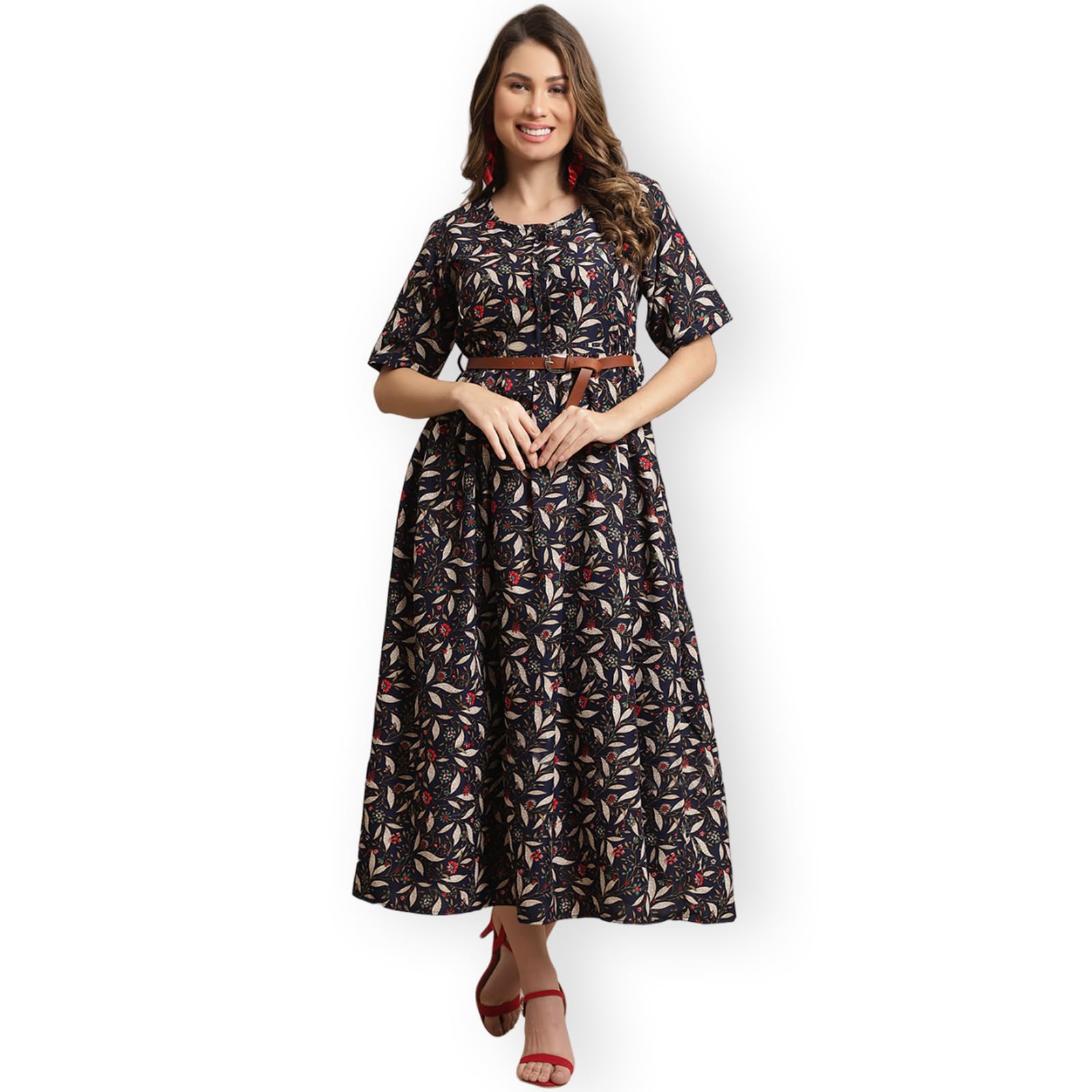 Preneum Girls's Georgette Floral Printed 3/4 Slevees A-Line Fit & Flare Gown With Belt, Jet Black, L