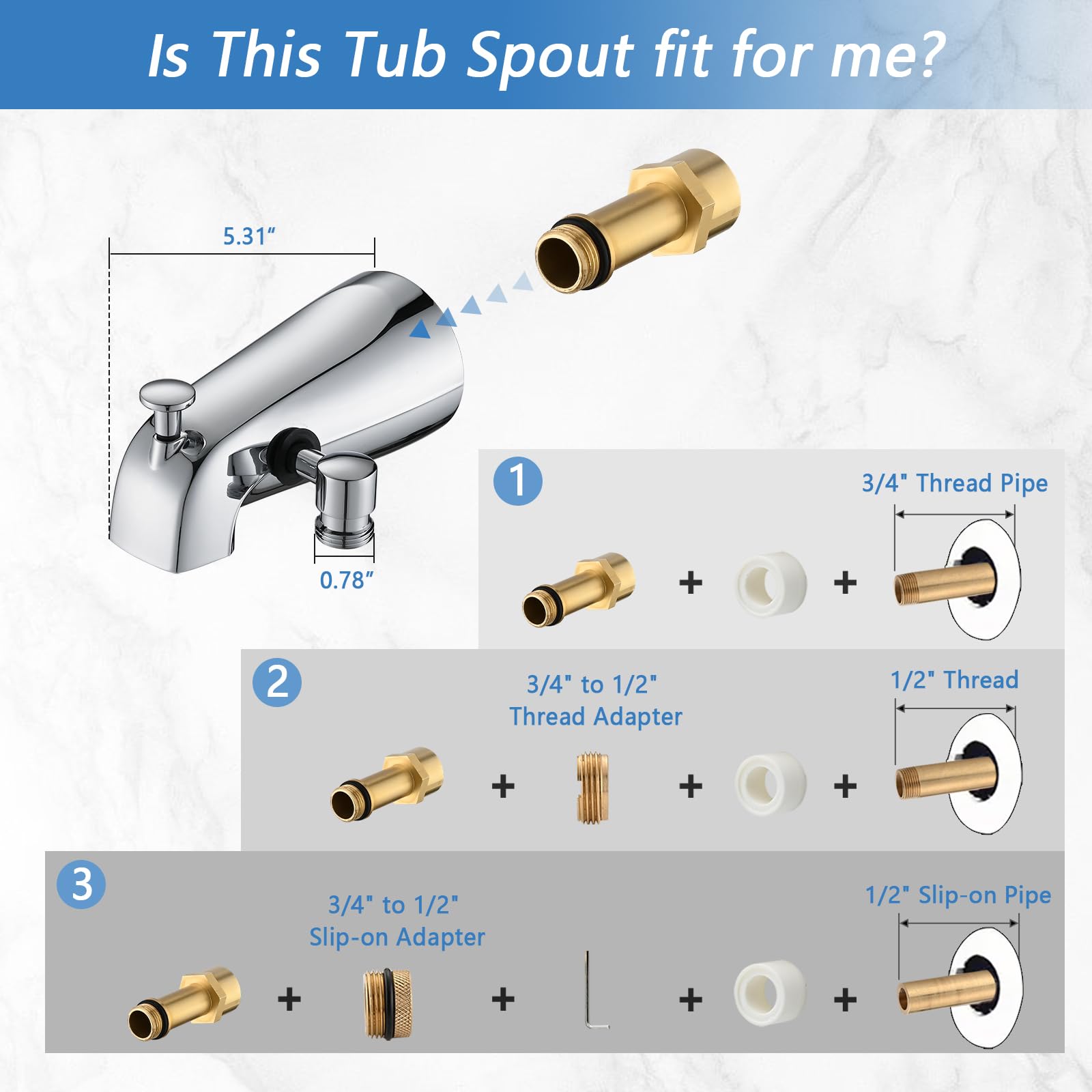 Beccuccio per vasca in metallo con deviatore cromato, adatto a tubi filettati da 1/2" o 3/4", rubinetto per vasca da bagno con deviatore doccia per un comodo controllo dell'acqua