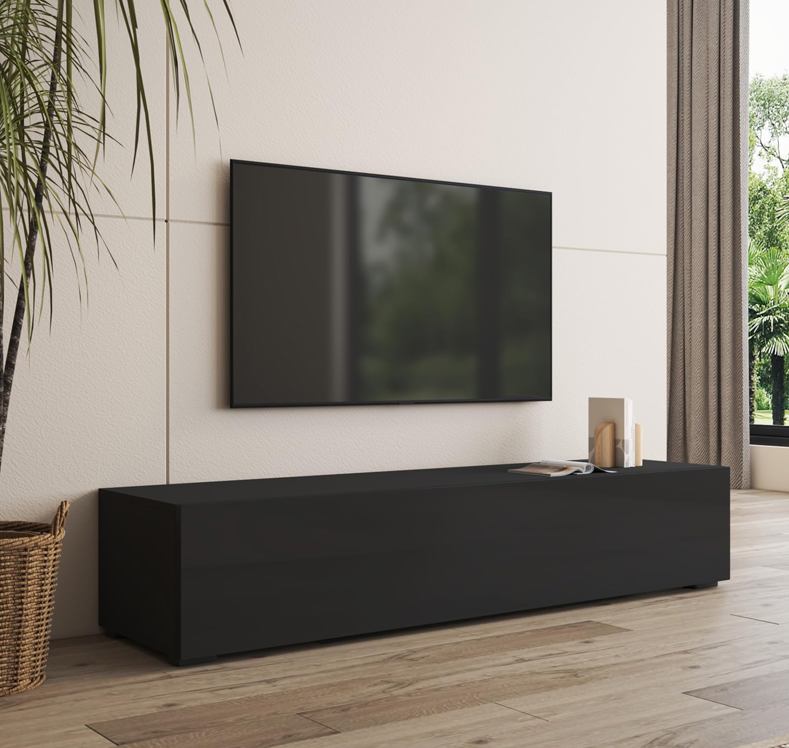 MB Muebles Bonitos, Mobile TV con piedini Nora H2, Soggiorno Moderno, Nero, 160x40x32cm