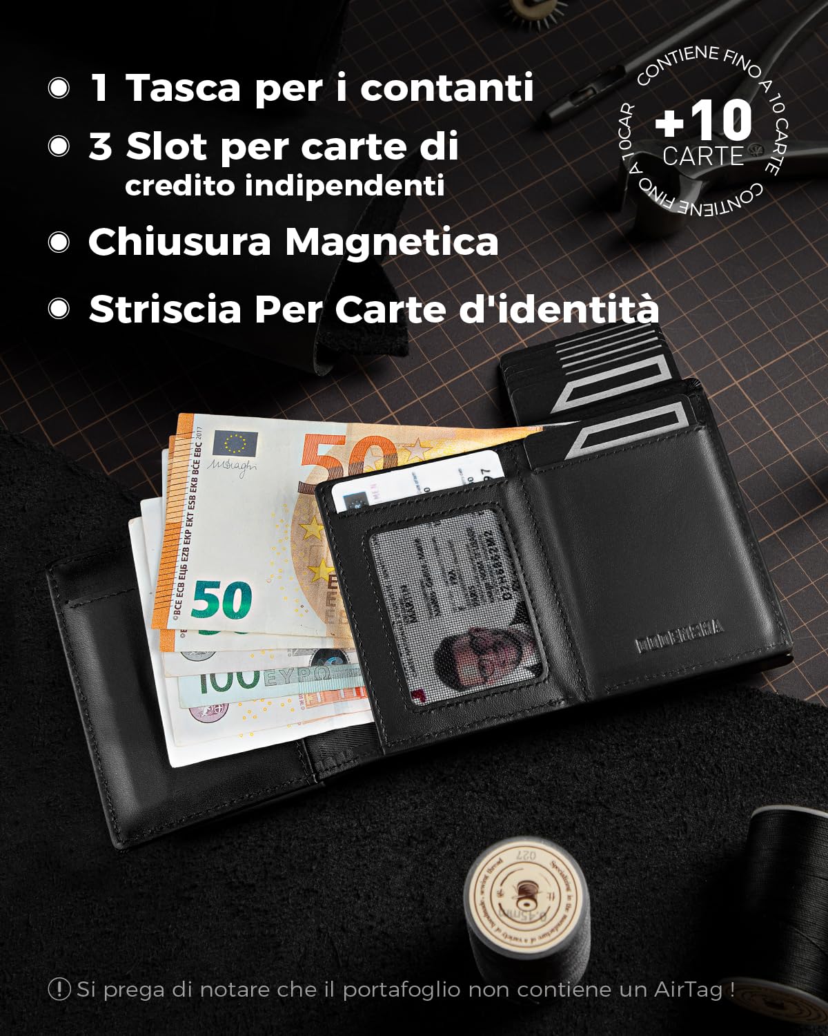 DODENSHA® MagSnap Airtag Portafoglio Uomo con protezione RFID I Portafoglio piccolo I Portafoglio intelligente piccolo per 10+ carte I Porta carte di credito I Portatessere uomo tascabile