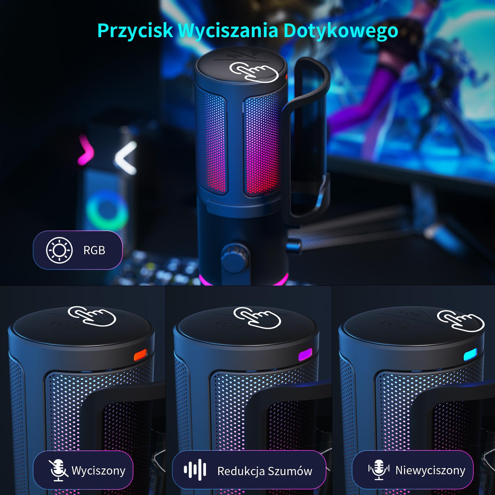 K KASONIC Mikrofon RGB do Gier z Wysięgnikiem, Mikrofon Pojemnościowy do Domowego Studia dla PC, Mikrofon USB 24bit 192kHz do Nagrywania Podcastów, Zestaw Mikrofonowy do Streamingu