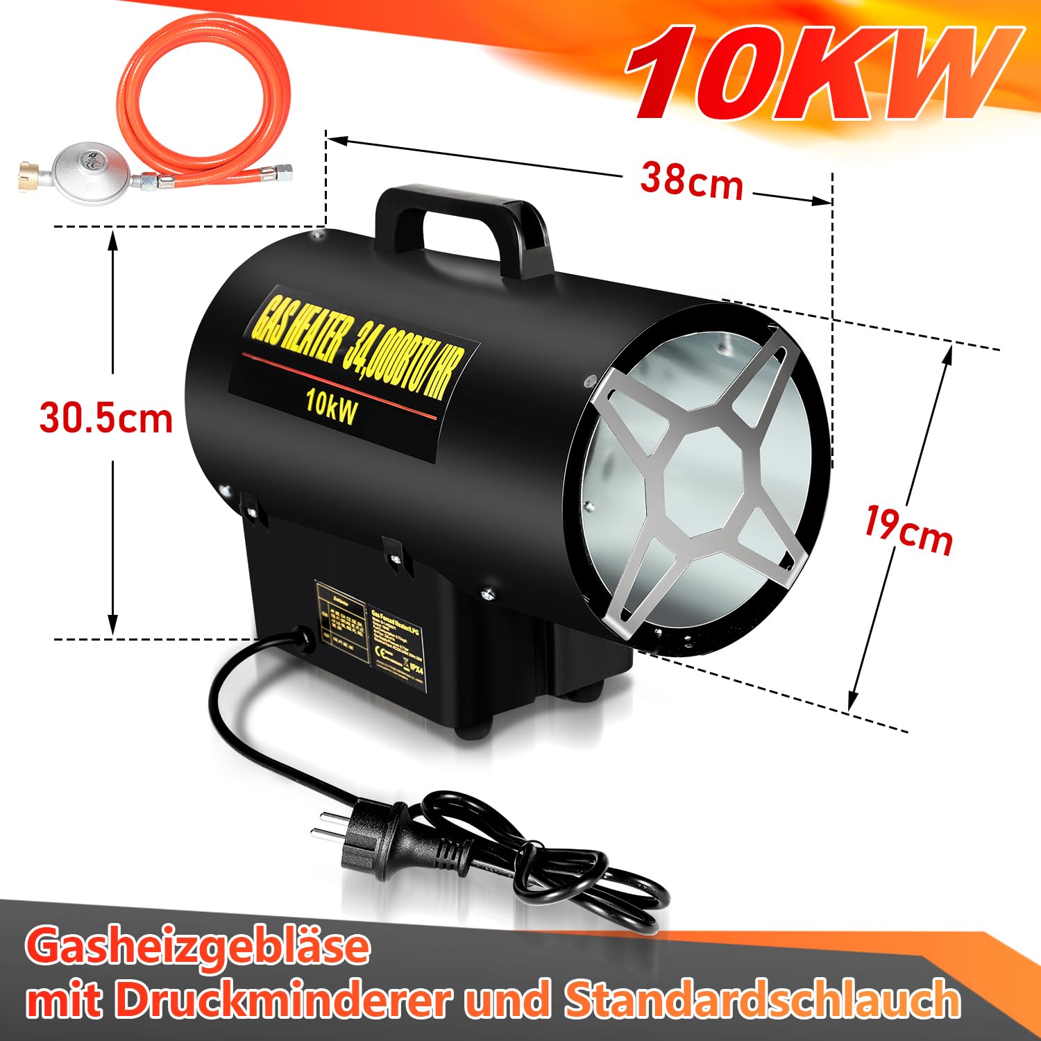 Gasheizgebläse 10 kW Gasheizer für Gasflasche Gasdruckregler 700mbar Wirksame Fläche: 150m² Gasheizgerät Gasheizgebläse Innenbereich,für Baustellen, belüfteten Lagerräumen, Garagen usw