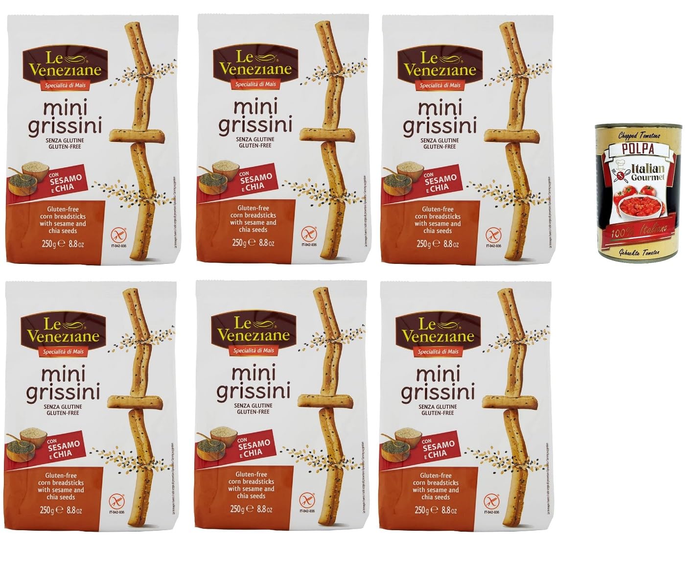 Le veneziane, mini grissini con sesamo e chia senza glutine, gluten free breadstick, glutenfreie Mini-Grissini mit Sesam und Chia, 6x 250g + Italian Gourmet polpa 400g