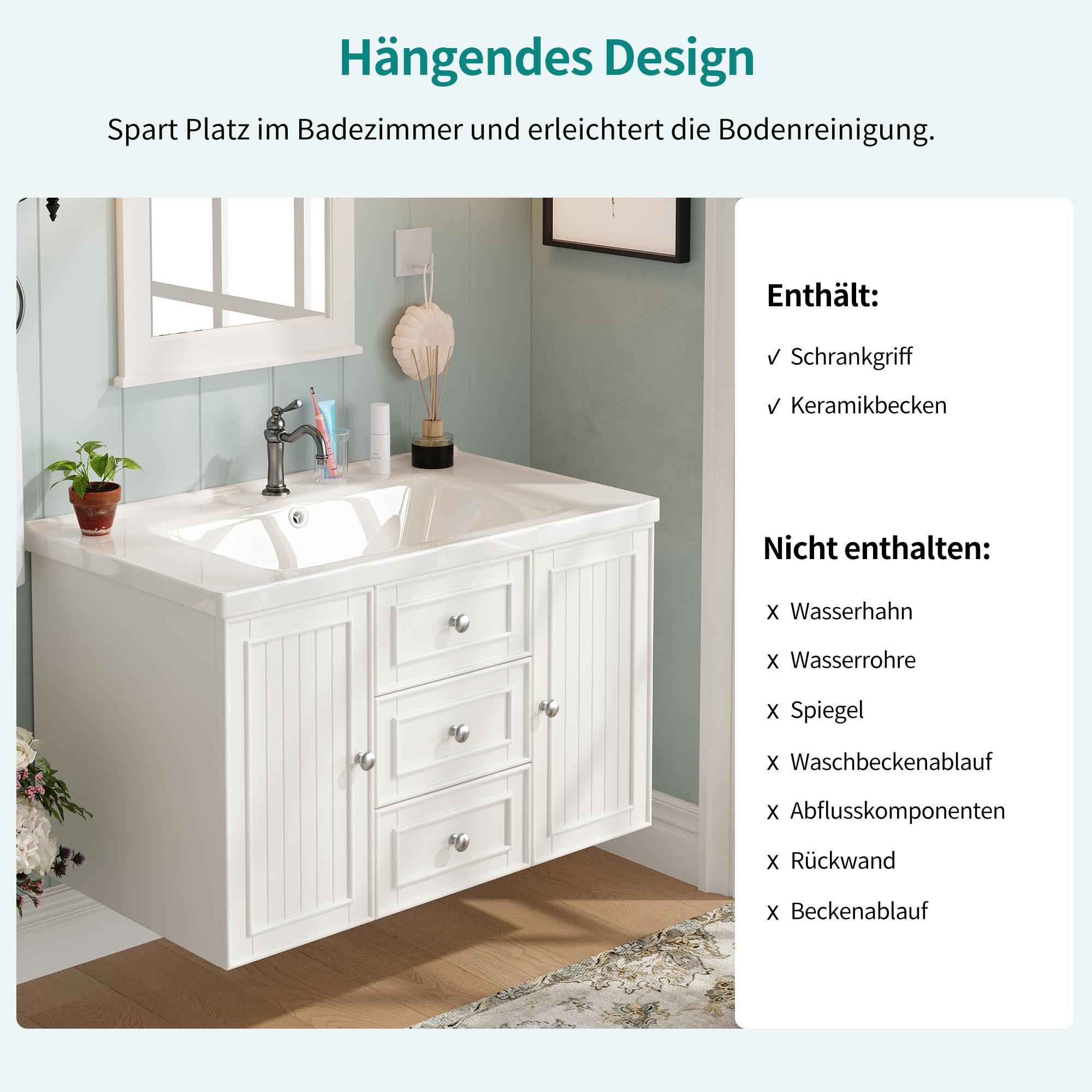 Merax Mueble bajo lavabo, armario bajo, mueble de baño, armario bajo lavabo con 4 cajones y 1 puerta, lavabo colgante, estilo moderno, conjunto de muebles de baño, con lavabo, color blanco