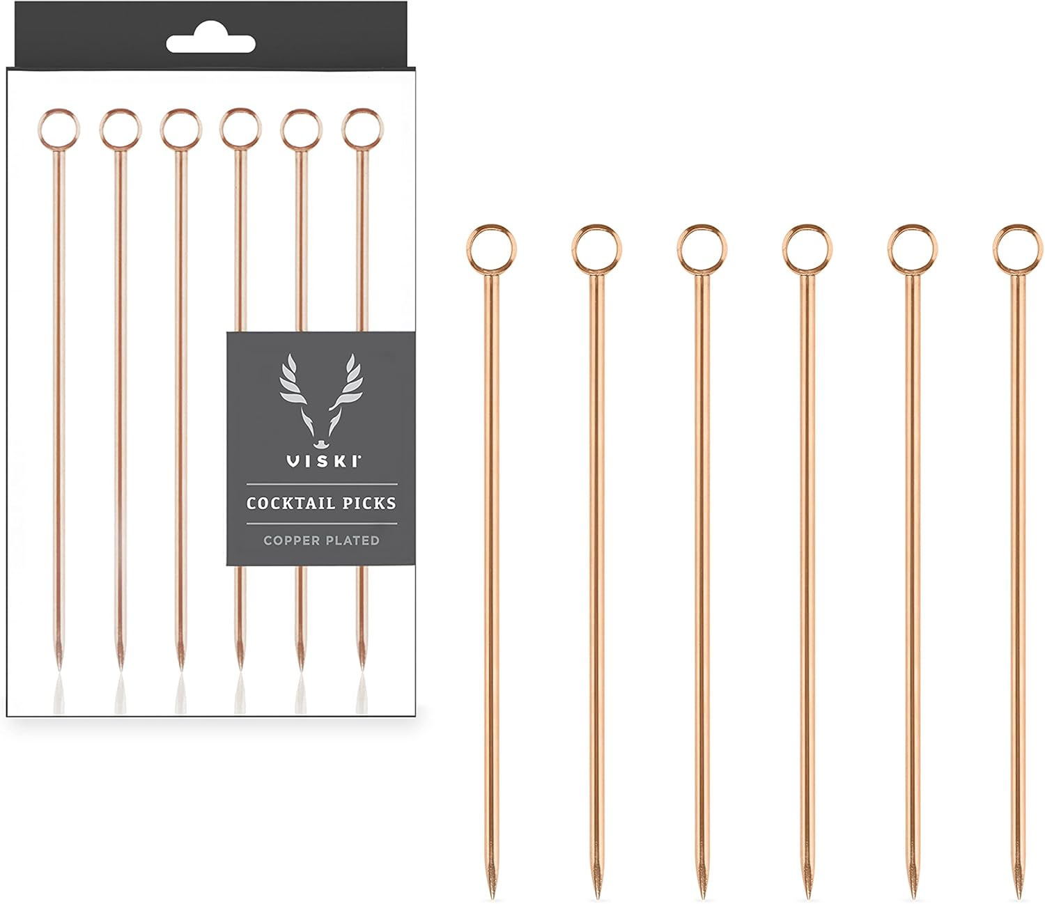 Viski Summit Cocktail Picks for Appetizers and Drinks, Stainless Steel Toothpicks for Olives, Cherries, Cheeses, Citrus Garnishes, Cocktail Party Toothpicks, Caprese Skewers, Set of 6, Copper