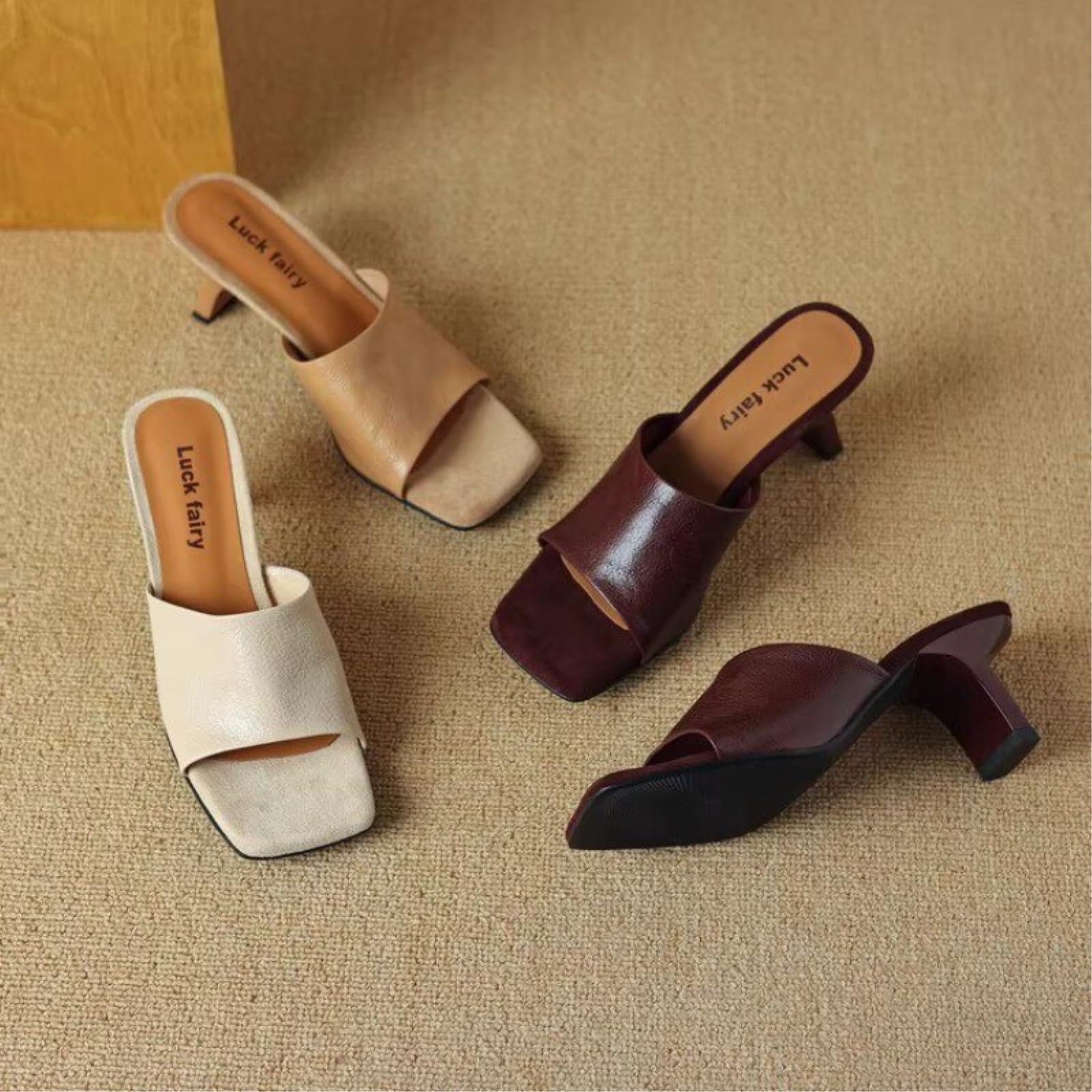 Pantofole Donna Piede Quadrato Basso Gattino Tacco Mule, Vegano Cuoio Diavolo Sandali, Beige Vestito Scarpe Casual per L'uso Quotidiano Dell'ufficio-Creamy White-38