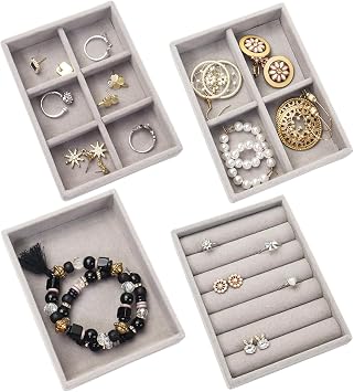 Nwvuop 4 Pack Jewellery Organizer Tray, Stackable Velvet Small Jewellery Trays for Drawer, Mini Jewelry Drawer Organiser Earring Organiser 4.92  3.74  1 inchesGrey