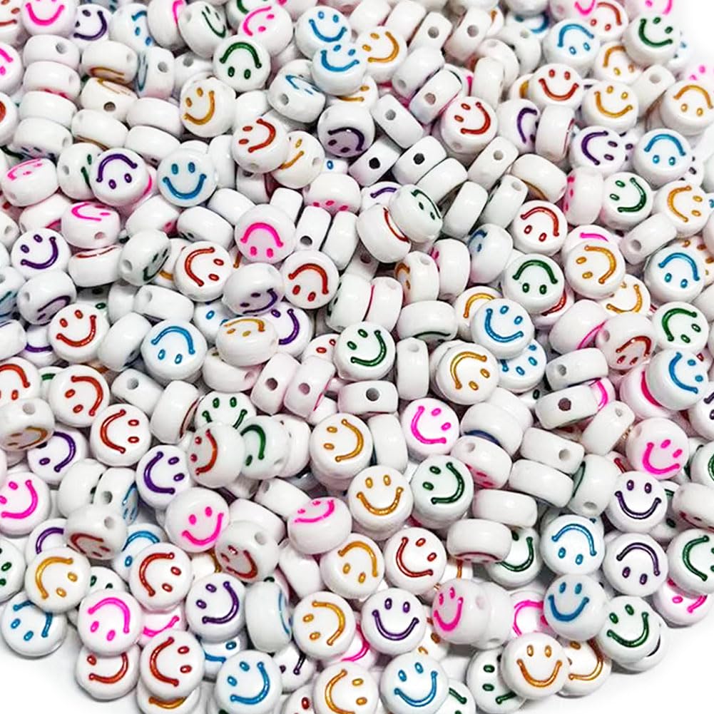 500PCS 4x7mm Acrylic Smiley Face Beads for Friendship Bracelets Jewelry Making, White Flat Round Acrylic with Colourful Smiley Beads for DIY Crafts Bracelets Necklaces Key Chains Phone Lanyard — image 1