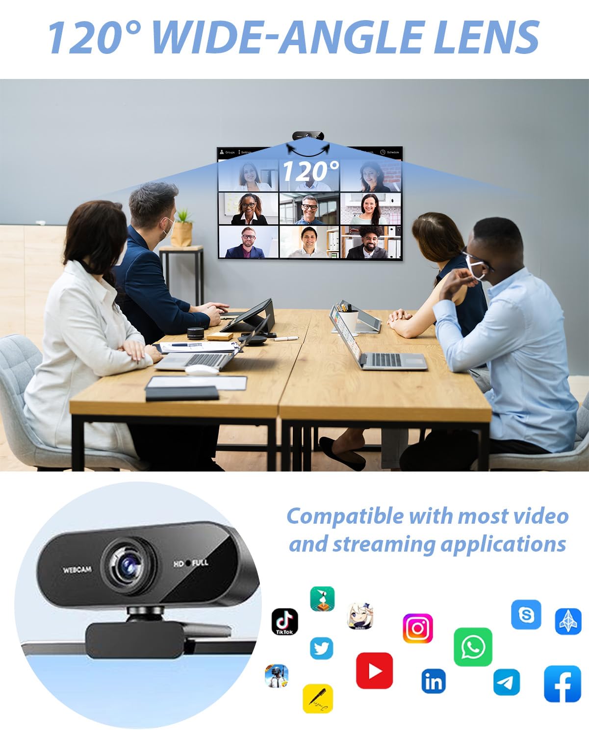 Webcam Full HD, 1080P/30fps Webcam mit Mikrofon, Facecam USB Web Cam, 90° Weitwinkel Rauschunterdrückung, Automatische Lichtkorrektur, Plug&Play für PC Live-Streaming Videoanruf Konferenz Spiel