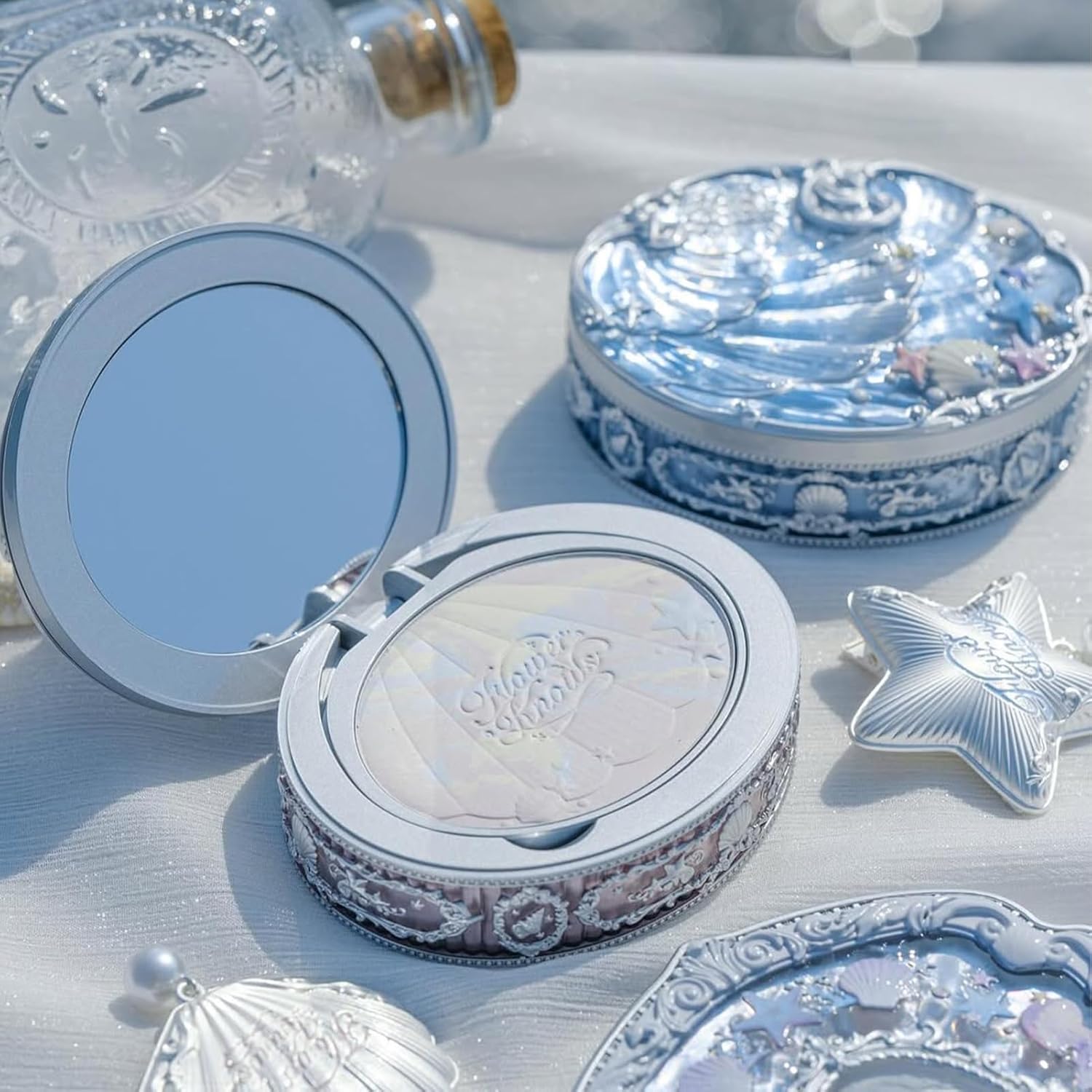 Flower Knows Shell's Jewel Collection Baked Powder,Makeup & Setting Pressed Powder Compact with Mirror and Puff,Smooth Translucent Oil-Control Pore Blurring,0.32 Oz(01 Cloudy Blue) - Image 5