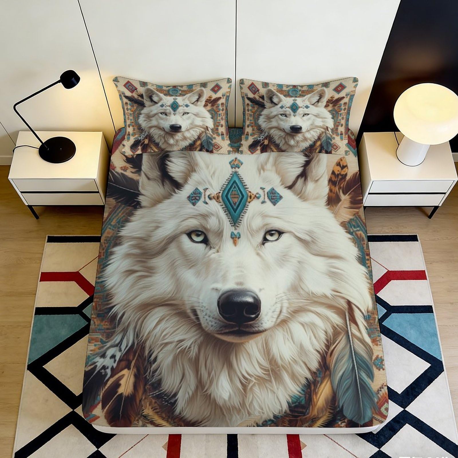 3D Printed White Wolf Fitted Sheet Microfiber Soft Breathable Tribal Feather Mattress Cover for Bedroom Dorm Decor 200x200x25cm