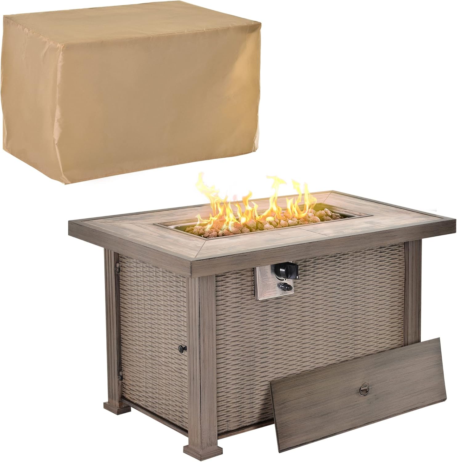 Outsunny Propane Fire Pit Table, 30,000 BTU 42" Wicker-Effect Gas Fire Table, Auto-Ignition Rectangular Outdoor Firepit with Lid, Ceramic Tabletop, Lava Rocks and Rain Cover, CSA Certification, Gray