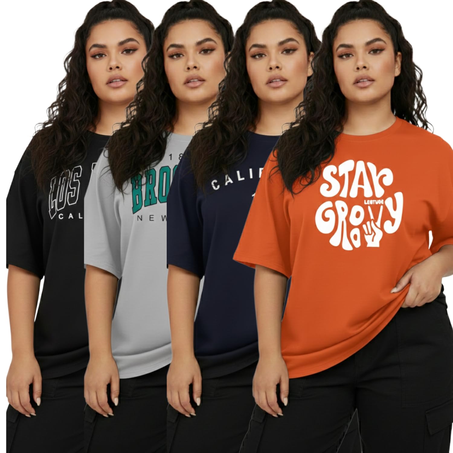 Women Oversized T-Shirt – Loose Fit Baggy Cotton Half Sleeve Top, Drop Shoulder Round Neck Graphic Printed Tee,Stylish Trendy Summer Wear for Girls & Women-Pack of 4-image-39