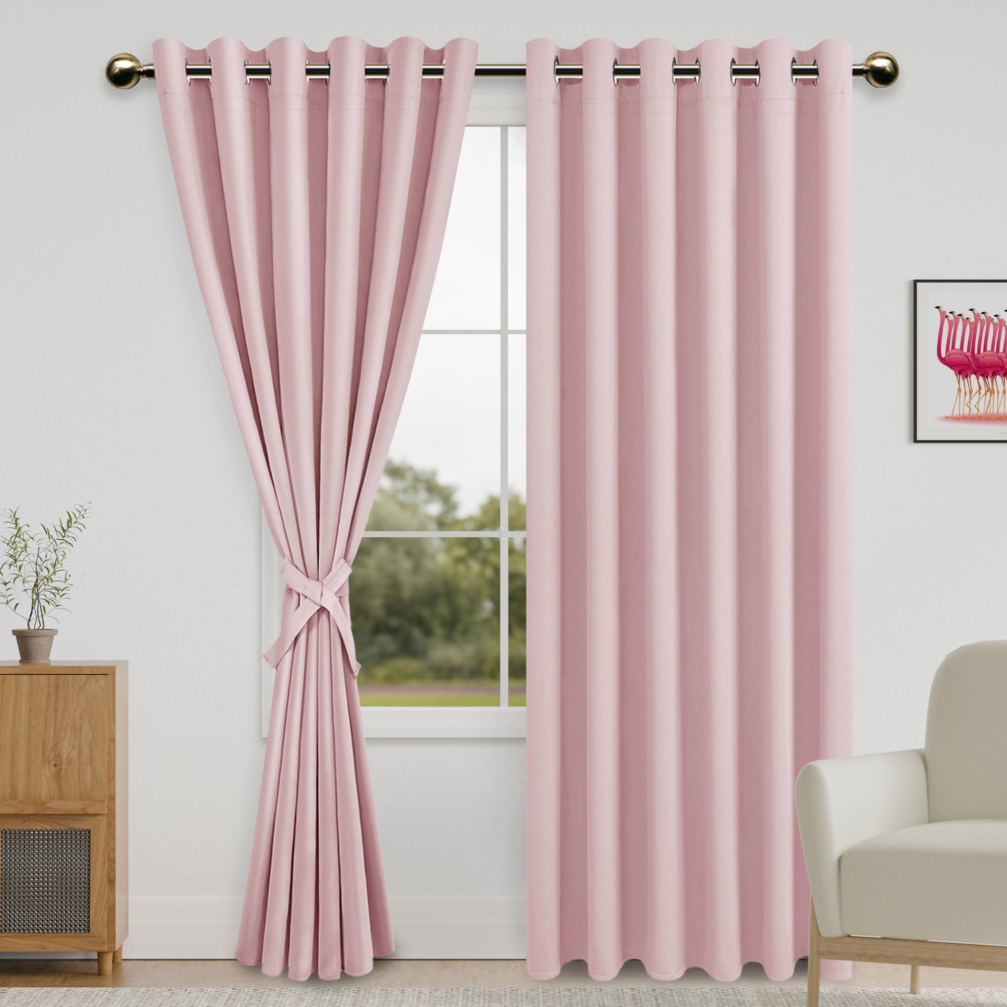 DWCN Blackout Curtains for Bedroom with Tiebacks - Room Darkening Privacy Grommet Top Window Curtains for Living Room, 70 x 84 inch Length,Blush Pink,Set of 2 Panels — image 1