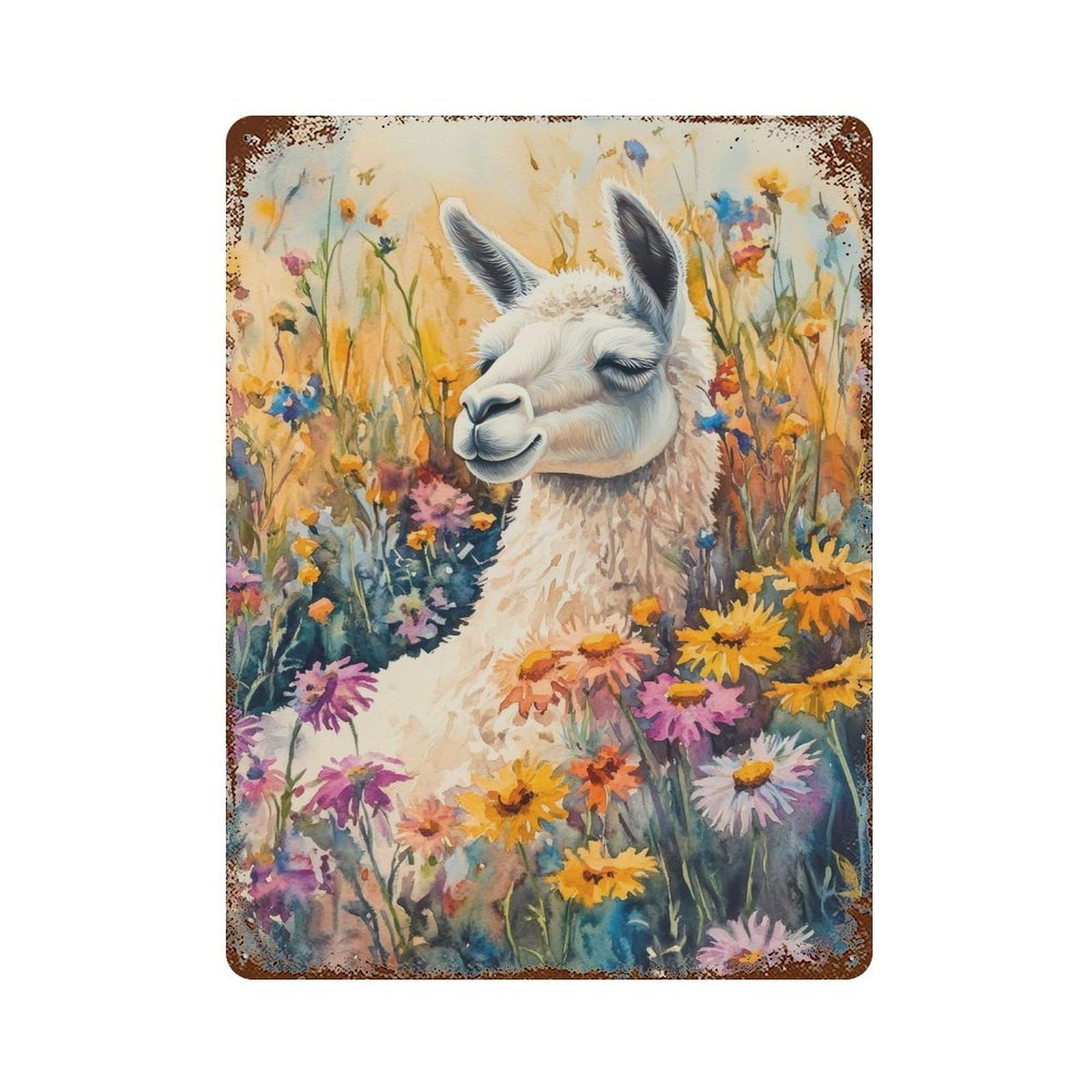 Llama in A Field of Flowers 15.7"x11.8" Aged Metal Wall Plaque, Classic Wall Plaque for Basement, Hobby Room And Garage Decor