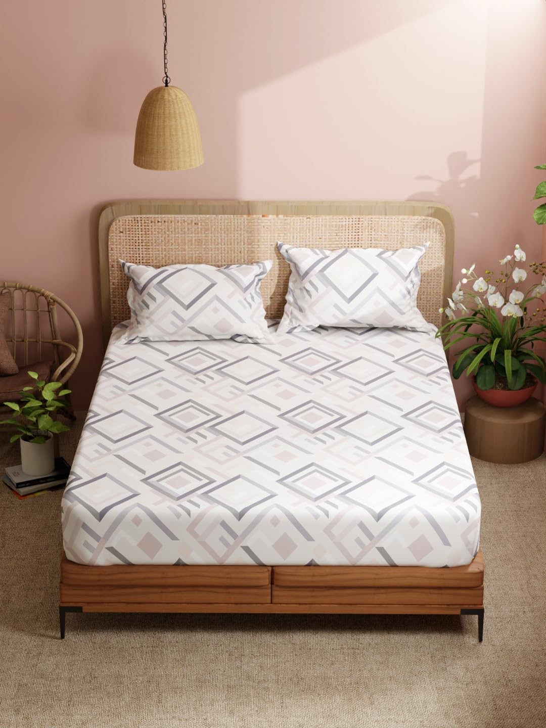 BIANCA Extra Smooth Cotton Aroma Double Bedsheet with 2 Pillow Covers -3pc Set (Bloom) | Scented Double bedsheet | 140TC Geometric-Purple/Pink-image-43
