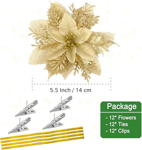 Miniatura 3 de Paquete de 12 adornos colgantes de Navidad con forma de flor con purpurina dorada de 5 pulgadas suministros de decoración para fiestas