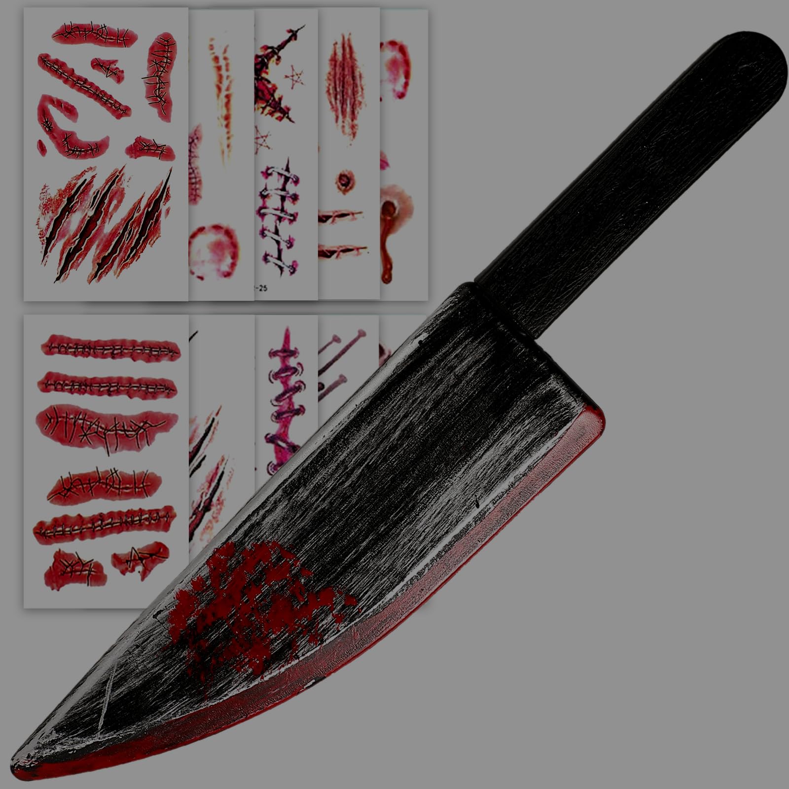 Fake Knife with Fake Blood Props, 10 Temporary Tattoo Stickers, for Halloween Cosplay Costume Accessories and Makeup Parties