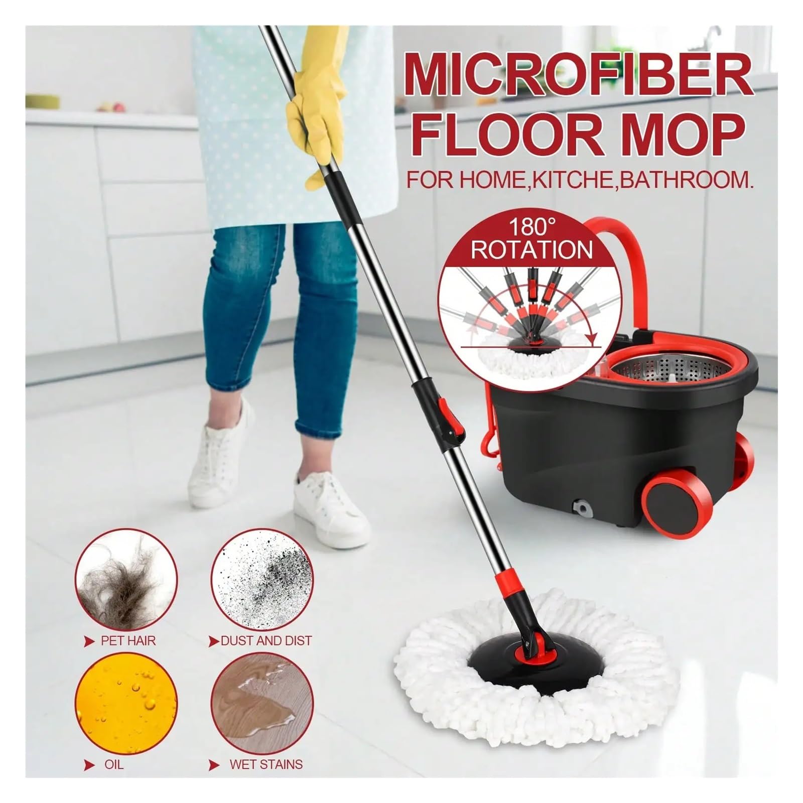 Fregona Juego de Cubos for trapeador con Ruedas Resistentes con escurridor y 3 Cabezales de Repuesto de Microfibra, Perfecto for el hogar, la Cocina, el Dormitorio y la Sala de Estar.