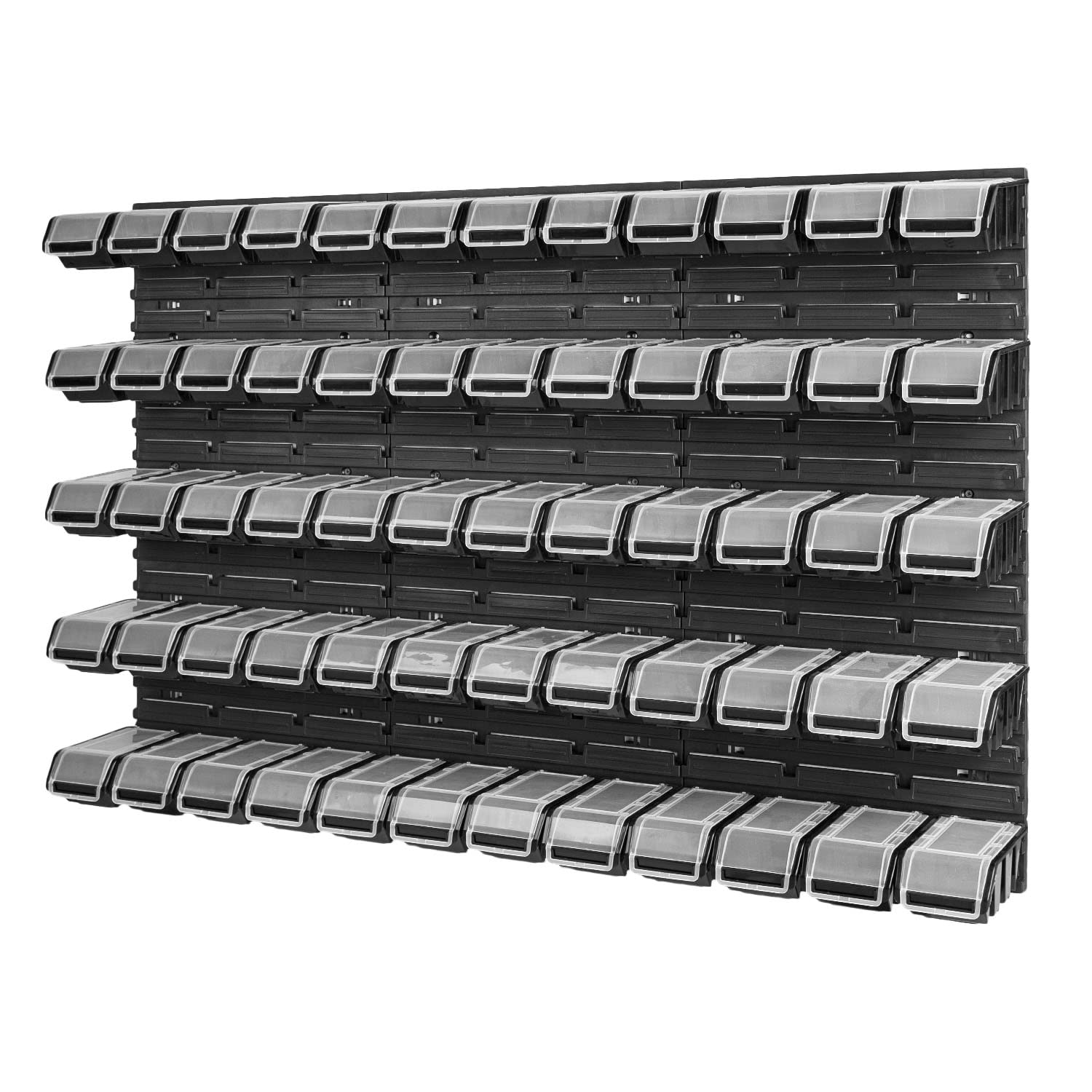 Pudełko do układania regał ścienny – 1158 x 780 mm – system przechowywania 60 sztuk pudełek z pokrywką – regał magazynowy pojemniki magazynowe regał do przechowywania, czarny