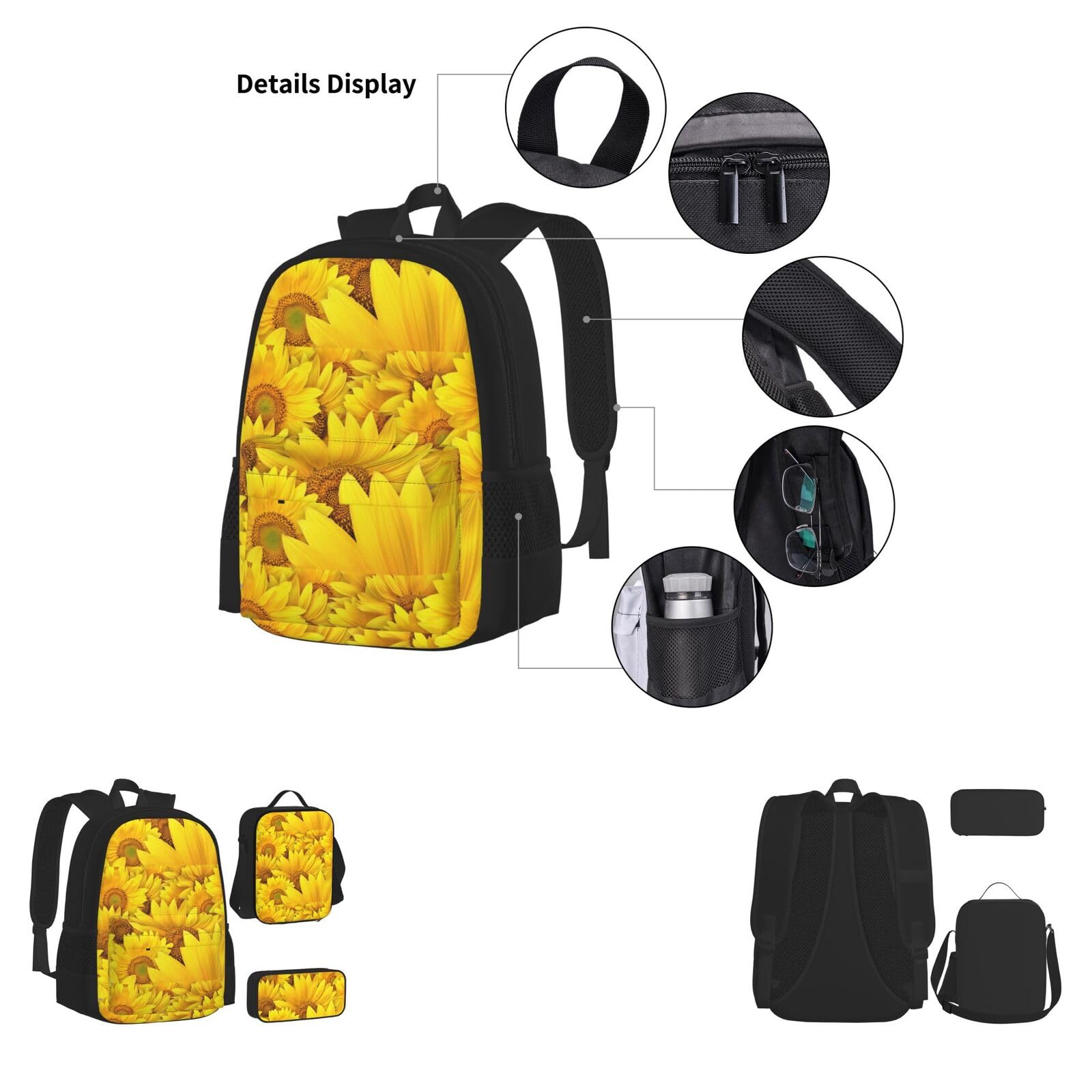 Juego de mochilas escolares 3 en 1 de lona con estampado de girasoles, bolsa de almuerzo, estuche para lápices para hombres y mujeres
