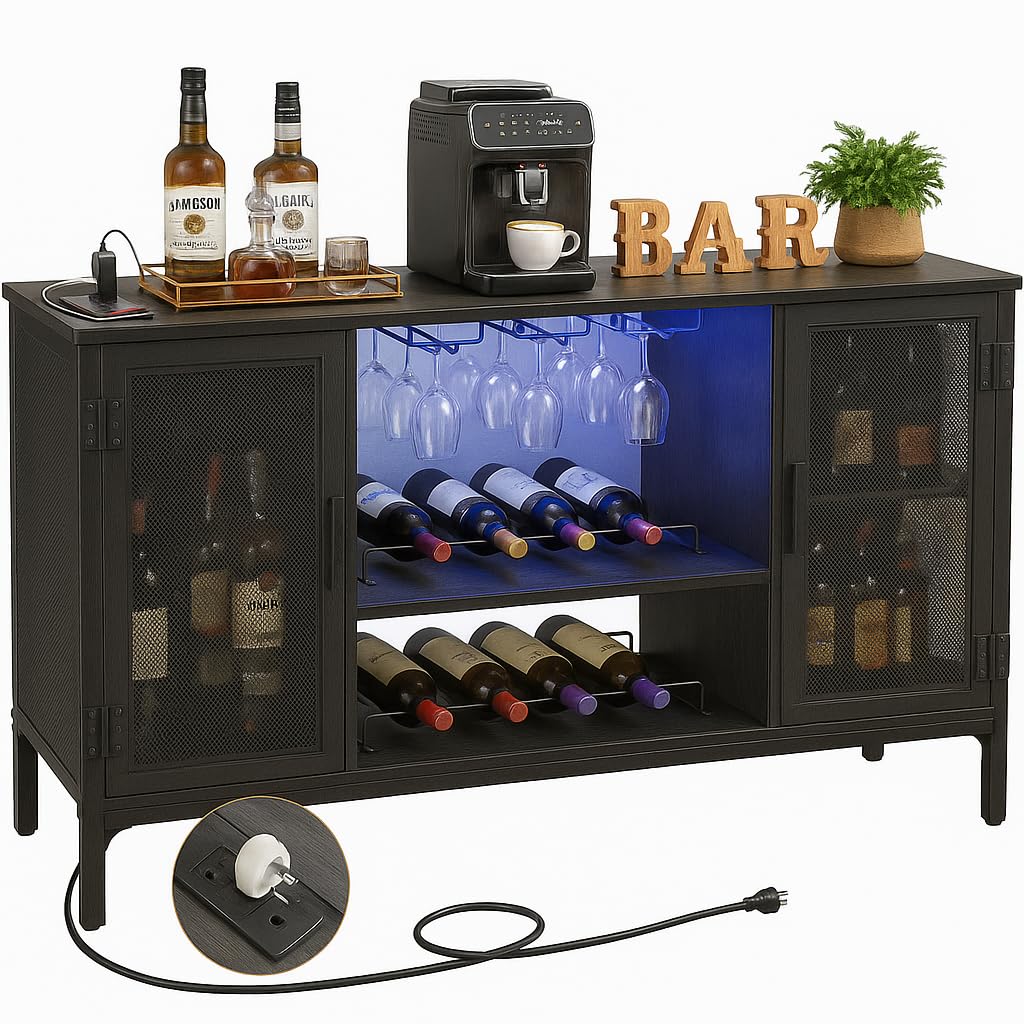 Homieasy Wine Bar Cabinet with Power Outlets &amp; LED Lights, Black