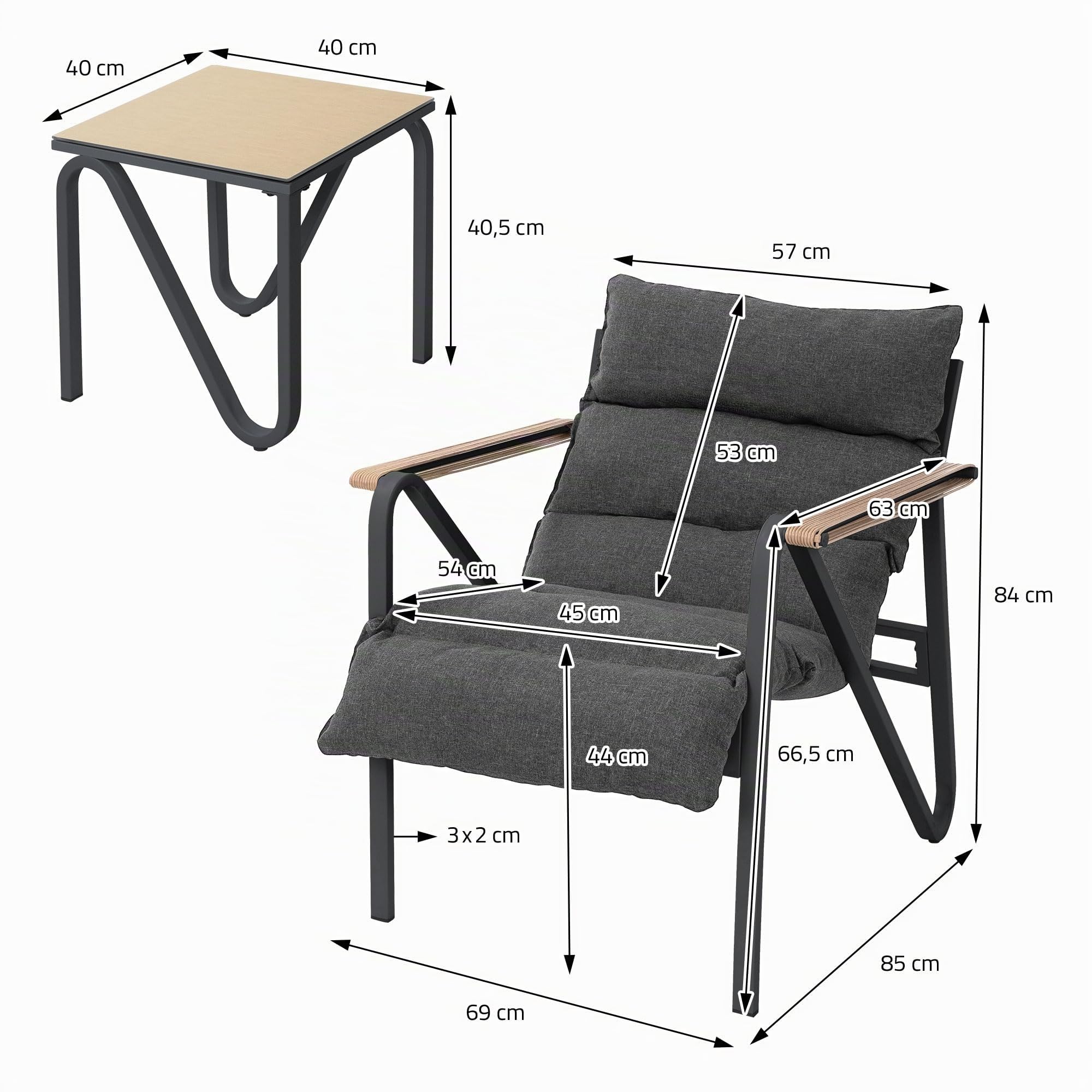 ML-Design Gartenmöbel Set 3-TLG, Anthrazit-Grau, Terrassenmöbel mit 2 Stühlen, Tisch & Sitzkissen, Balkonmöbel wetterfest mit Stahlgestell, Sitzgruppe, Lounge Möbel Outdoor für Garten Terrasse Balkon