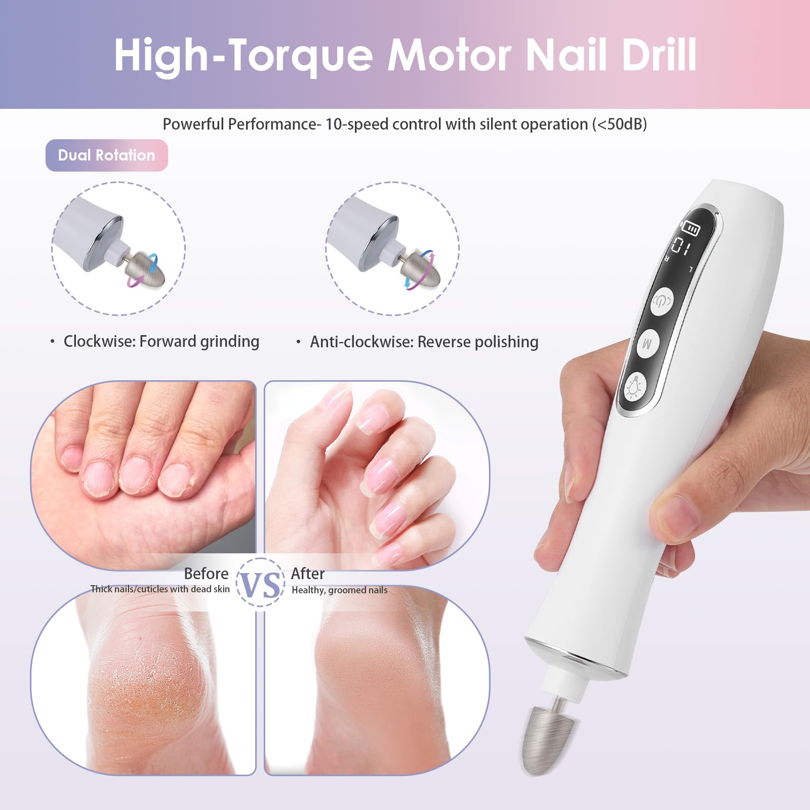 Cordless Electric Nail Drill Kit, Rechargeable Nail File with 360° LED Light & LCD Display - Image 3
