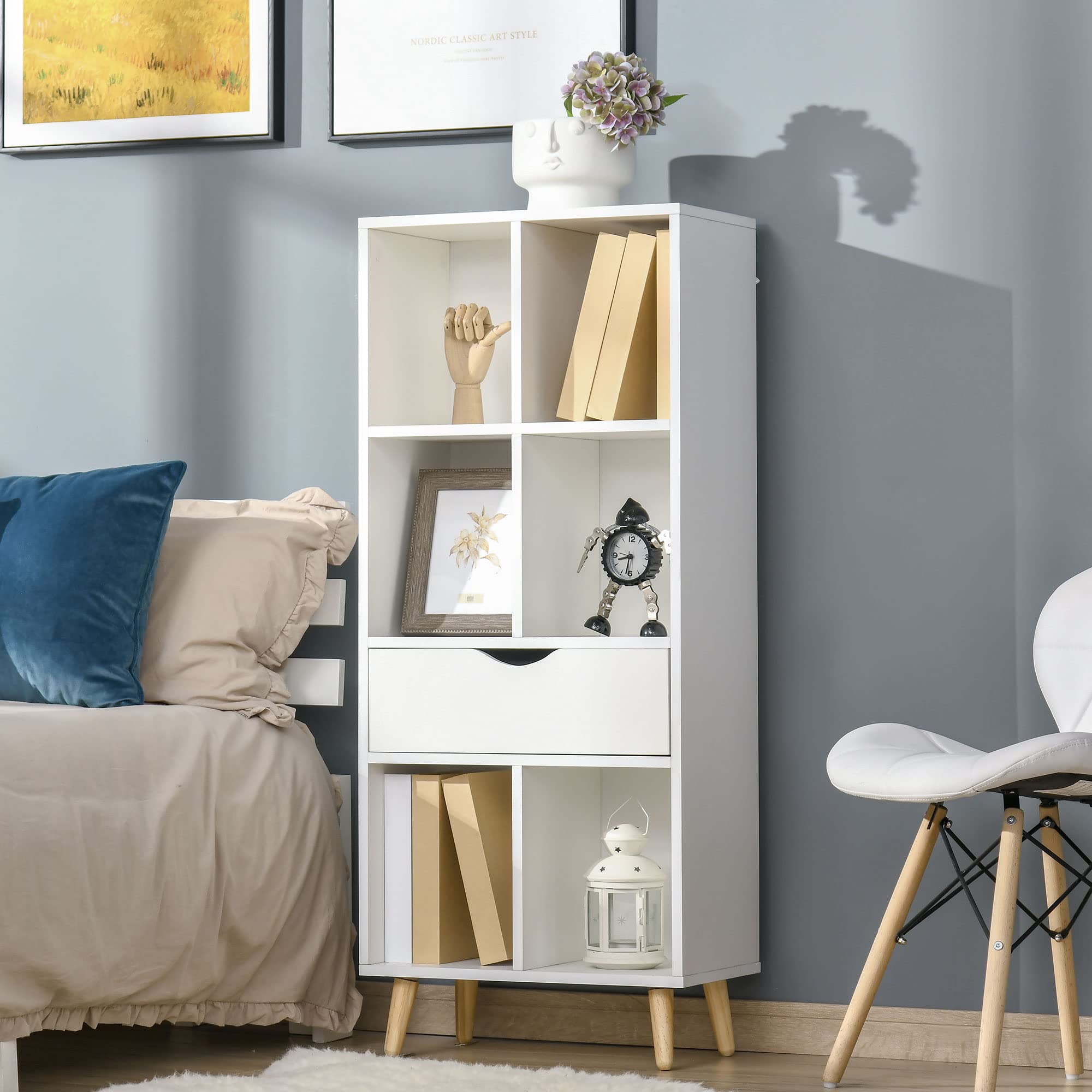 HOMCOM Librería Estantería para Libros con 1 Cajón 50x29,5x120 cm Blanco | Patas de Madera, 6 Compartimentos Abiertos, Almacenaje Plantas Archivos, para Salón Dormitorio Oficina