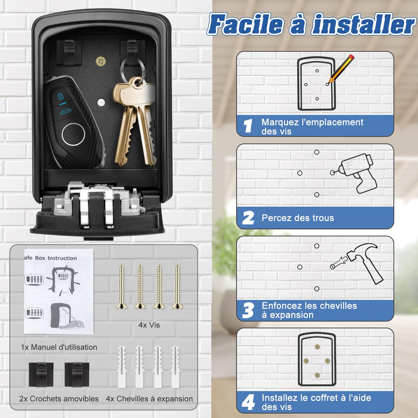 Boite à Clé Sécurisée, Supérieur Grand Clés Boîte, Coffre à Clé avec Code Numérique à 4 Chiffres, Boite a Clef Mural Sécurisé pour Intérieur Extérieur Maison Bureau Garage École Gymnase (Noir)