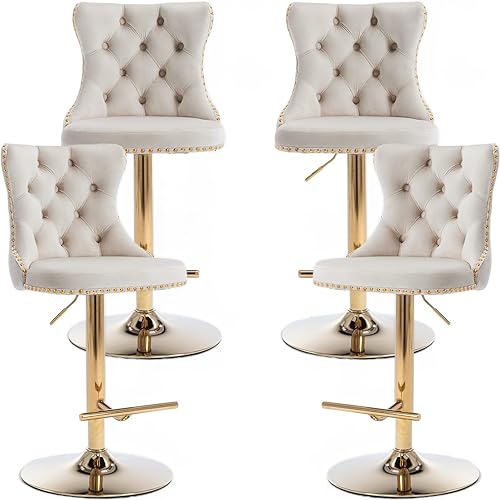 Swivel Counter Height Bar Stools Set of 4, Cream Kitchen Island Barstools, Velvet Adjustable Bar Height Stool Chairs, Tufted Back, Gold Metal Base, Sillas para Barra de Cocina (Beige, Velvet, 4 Pcs)