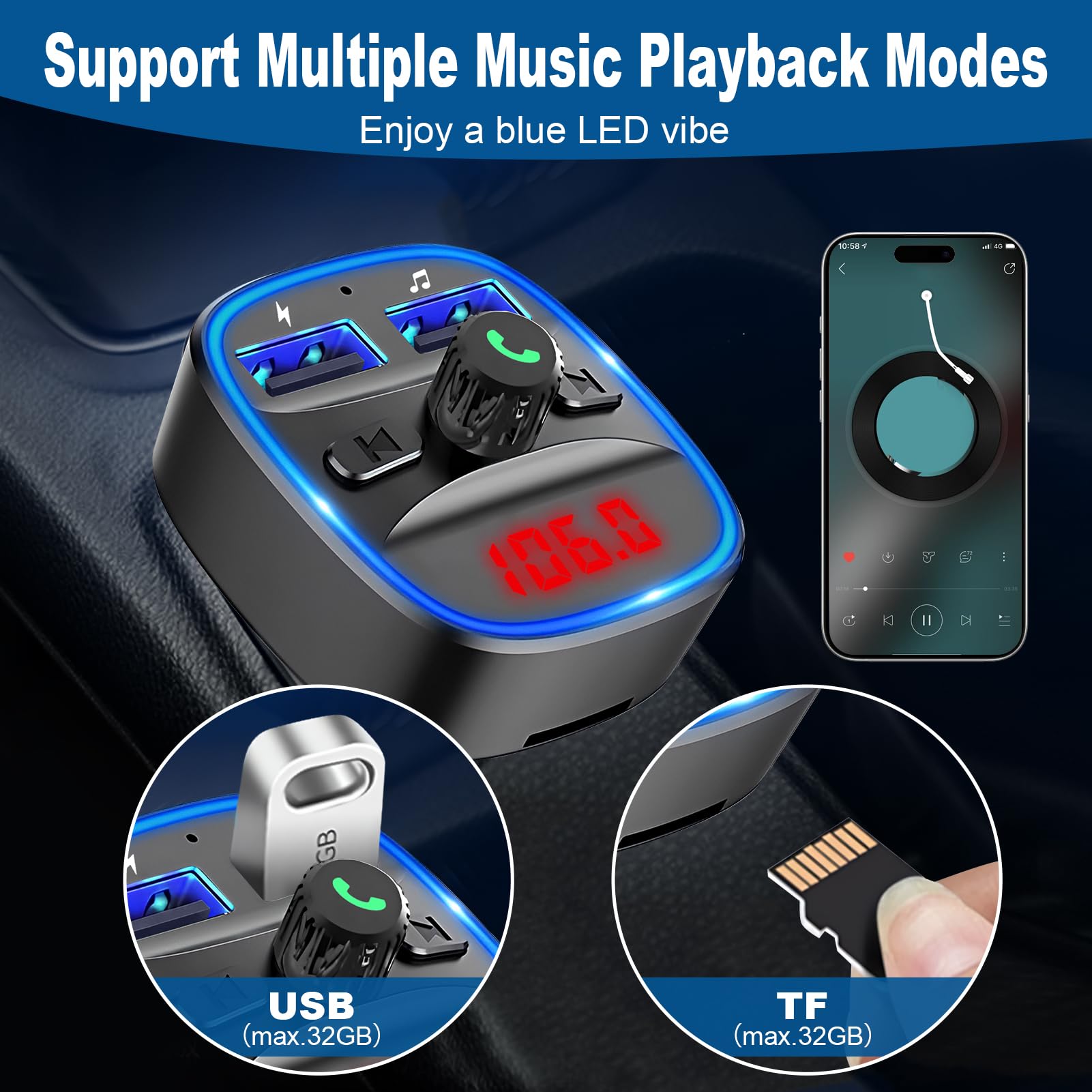 Transmisor FM Bluetooth Para Coche Con 2 USB Y Carga Rápida - Adaptador Para Radio, Manos Libres, Tarjeta TF Y USB, Pantalla LED