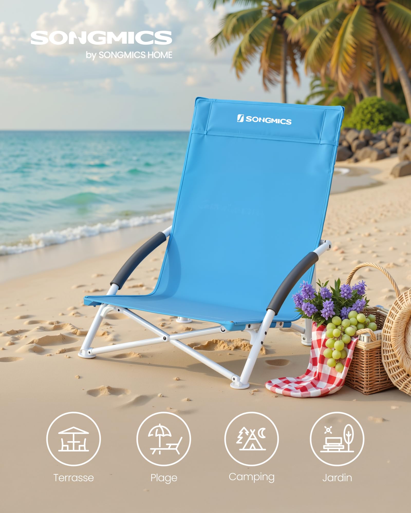 SONGMICS Chaise de Plage Pliante Portable Dossier Haut Grande Capacité de Charge Bleu Clair GCB61BU