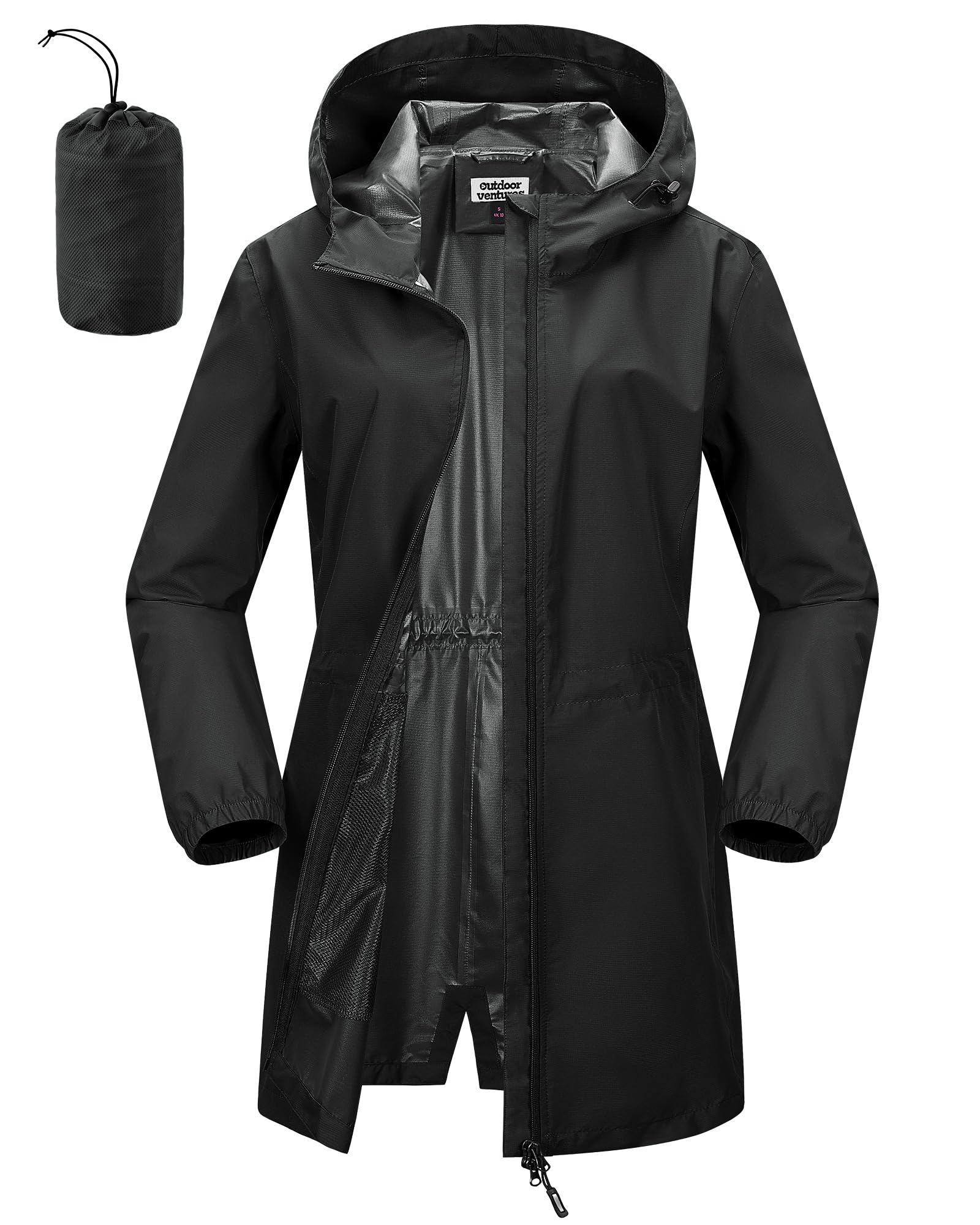 Outdoor Ventures Damska wodoodporna kurtka przeciwdeszczowa, długa, wiatrówka, kurtka przejściowa, lekka, oddychająca, kurtka outdoorowa, Raincoat parka przeciwdeszczowa z kapturem