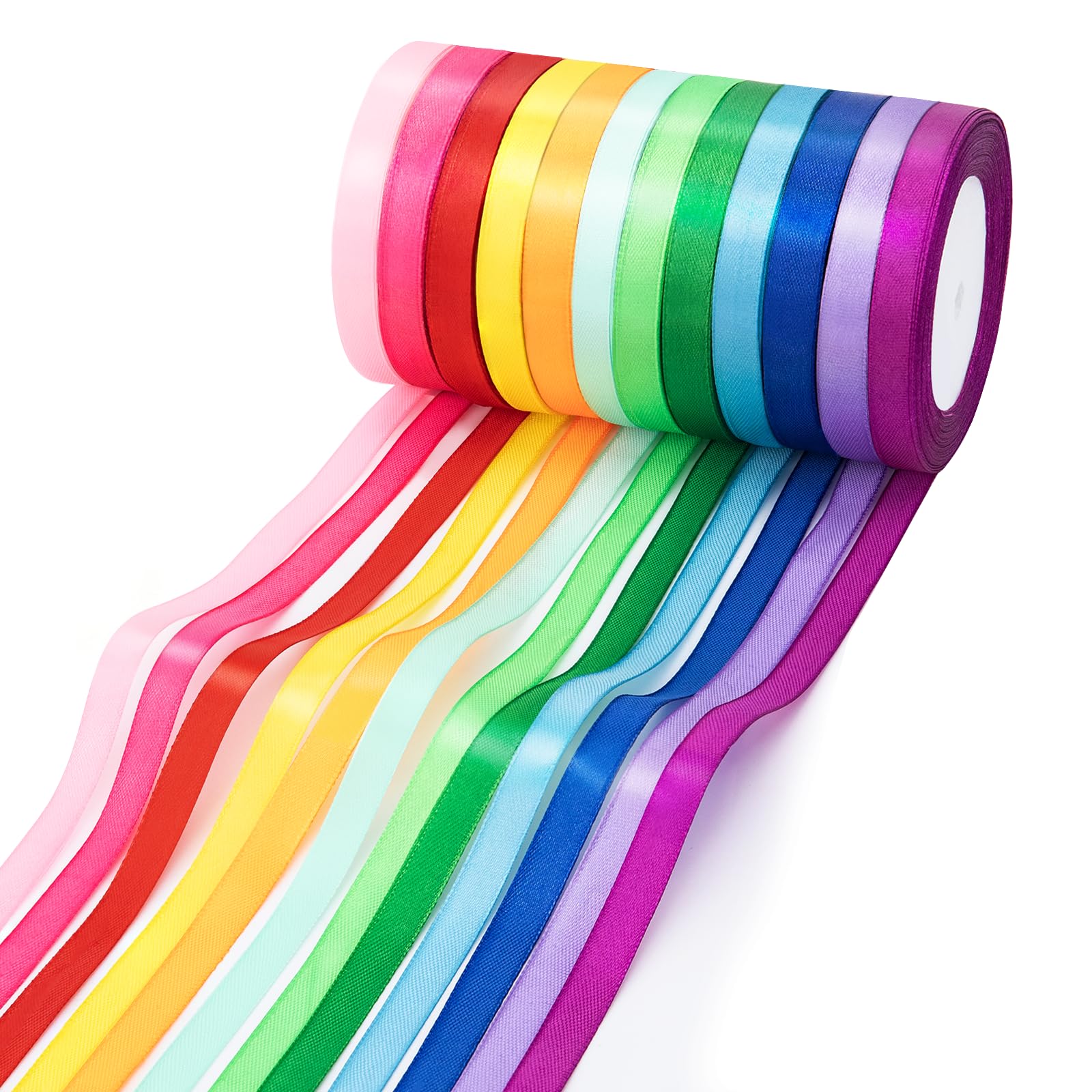KICNIC Ribbon 12 Colors, 10mm Ribbons for Gift Wrapping, Satin Ribbon, Fabric Ribbon, Coloured Ribbon for Ballon, Hair Bows, Cake, Wedding, Florist, Sewing (22M per Rolle)