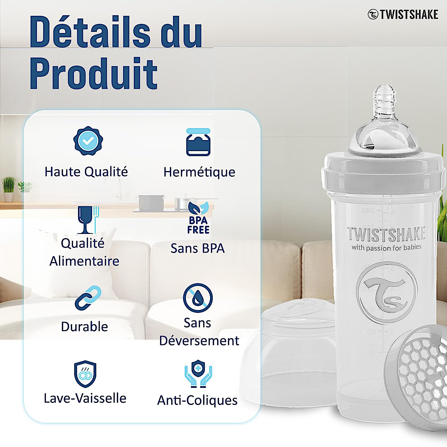 Biberons Anti-Coliques Twistshake 2x260ml - Avec Récipient Lait Et Mélangeur - Tétine Silicone - Gris