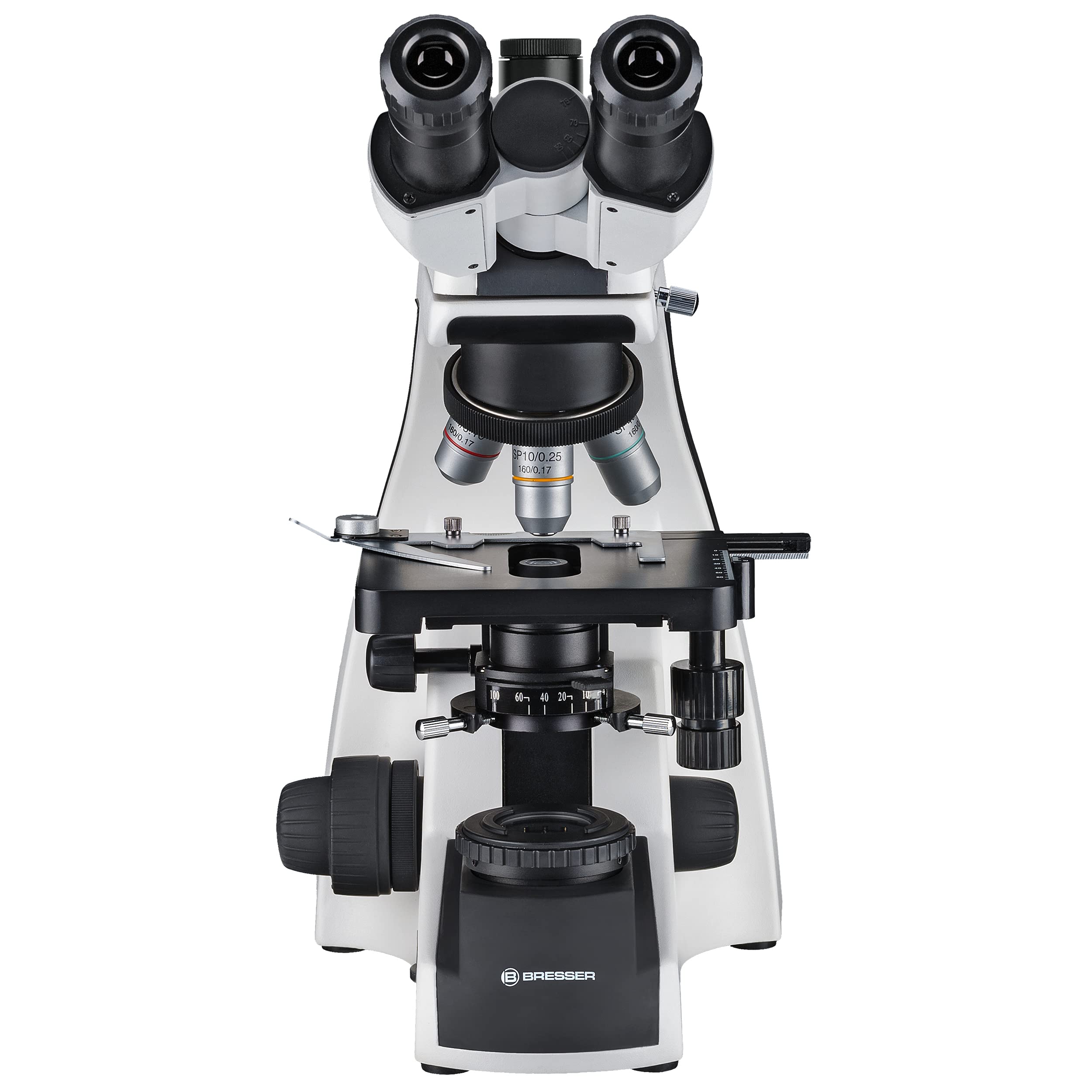 Bresser trinokulares Durchlicht Mikroskop Science TFM-301 Trino 40-1000x Vergrößerung, mit Köhlerscher Beleuchtung, koaxialem Kreuztisch, c-Mount Anschluss und sehr heller 3W LED-Beleuchtung | Köhlersche Beleuchtung, Trinokulartubus mit C Mount, Kreuztisc