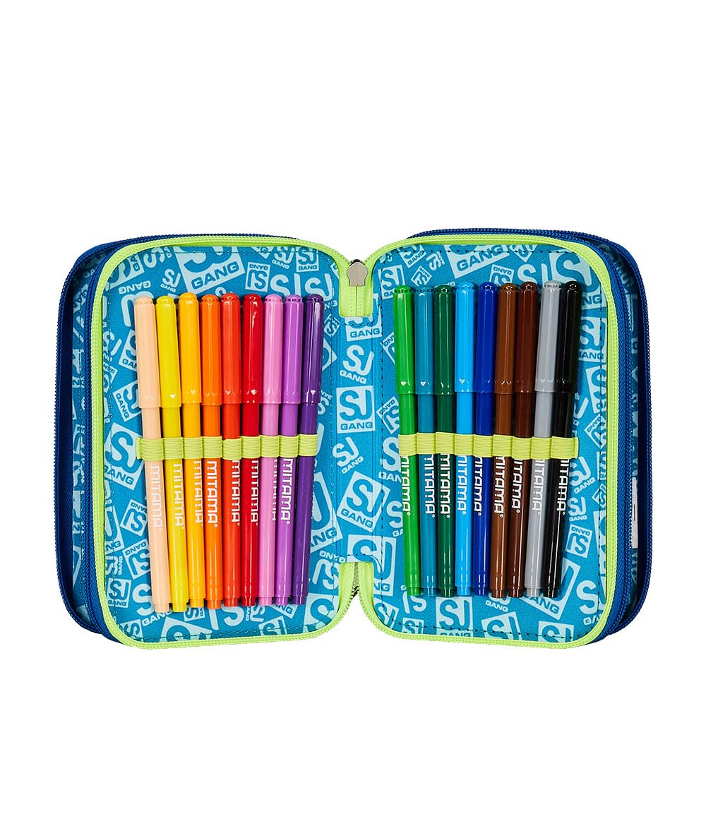 SJ GANG STYLE JAM GANG Astuccio Scuola 3 Zip, Blu, Cuccioli di SJ, Portapenne Triplo Scomparto Completo Di Penne, Matite, Colori, Accessori Zaino, Elementari, Medie, Bambino