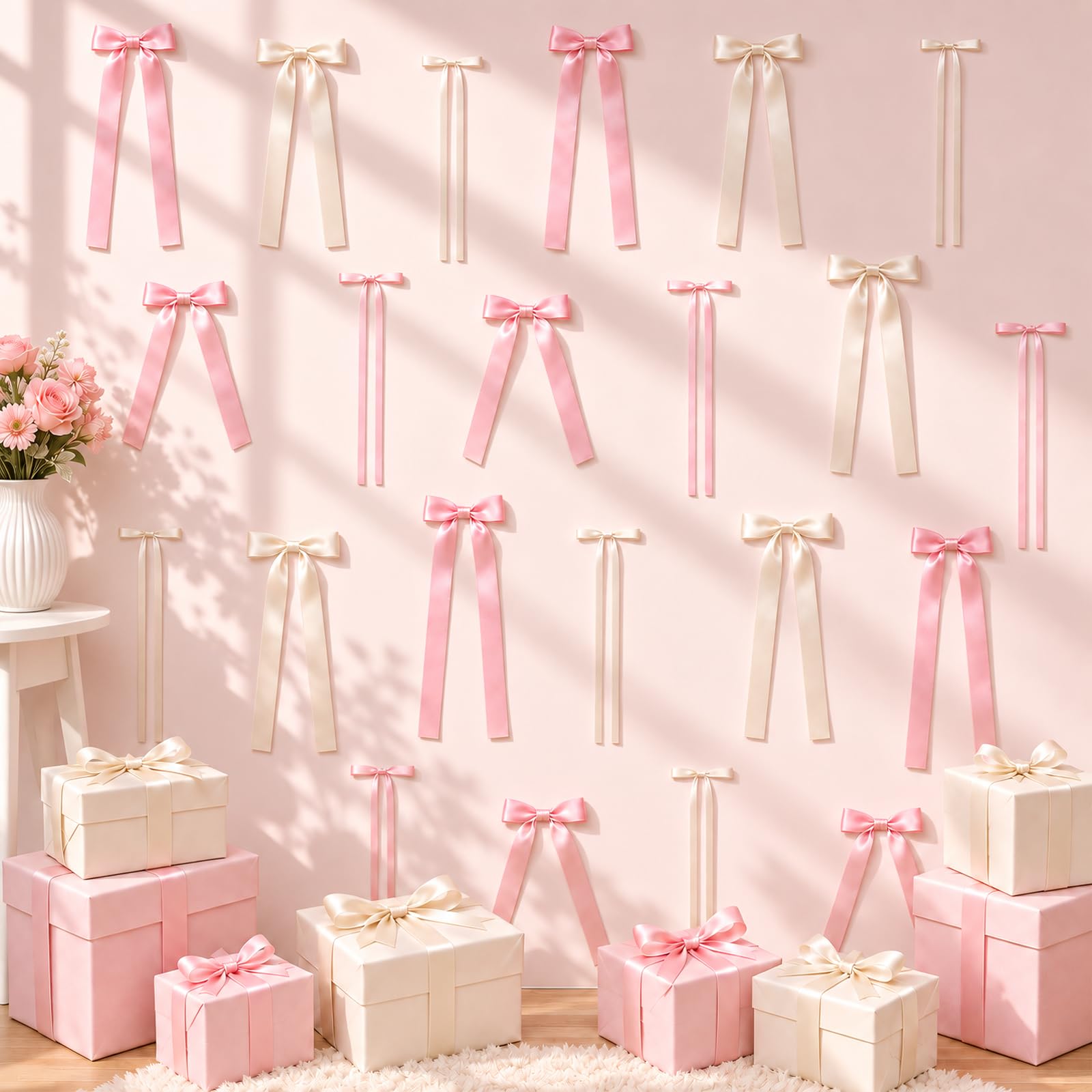 40Pcs Bow Birthday Decoration, Ribbon Satin Bow Wall Decor,Pink&Beige
