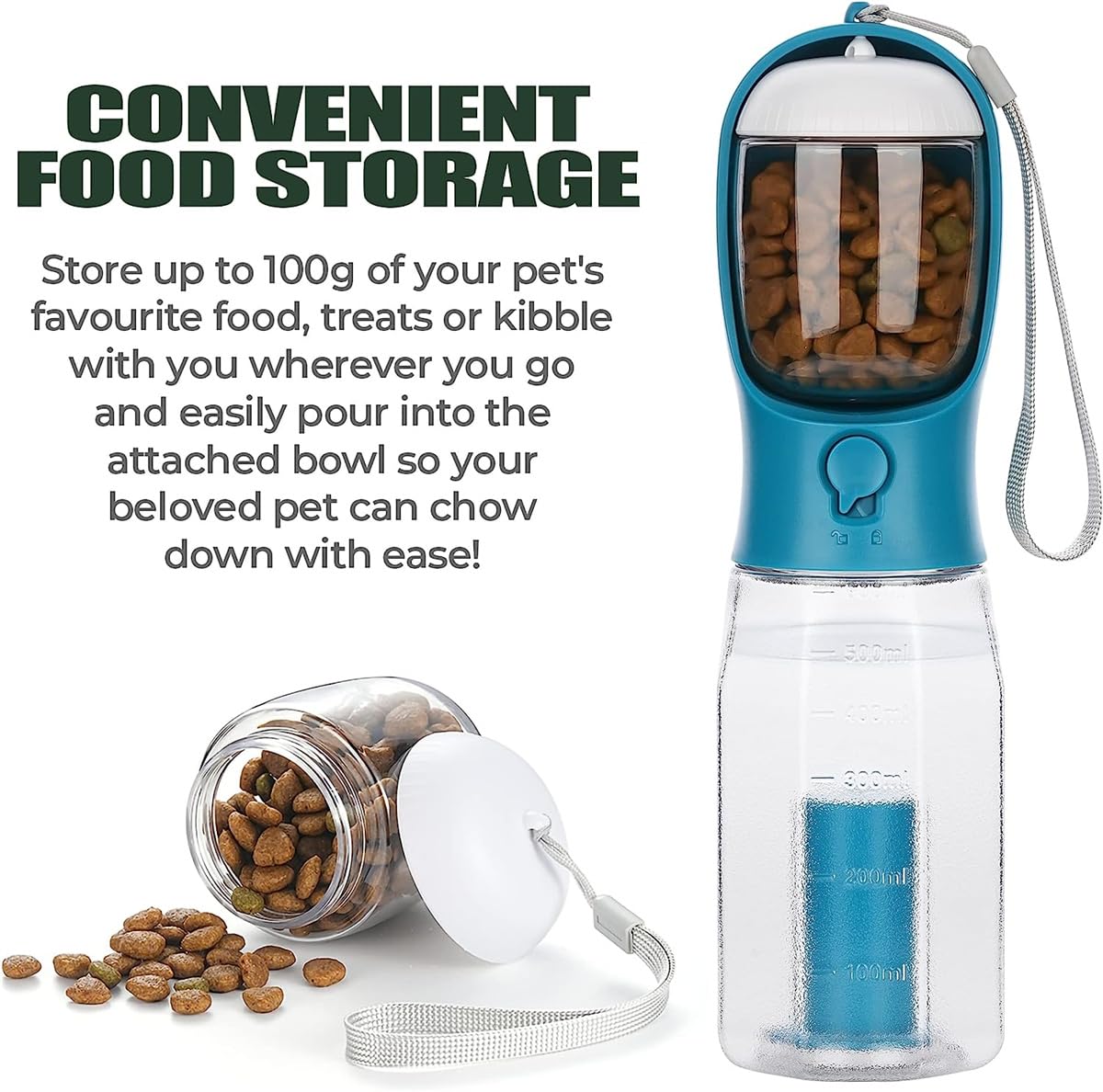 ERKIES Borraccia multifunzione portatile per cani, con 100 g, per animali domestici durante le escursioni (600 ml, blu scuro)