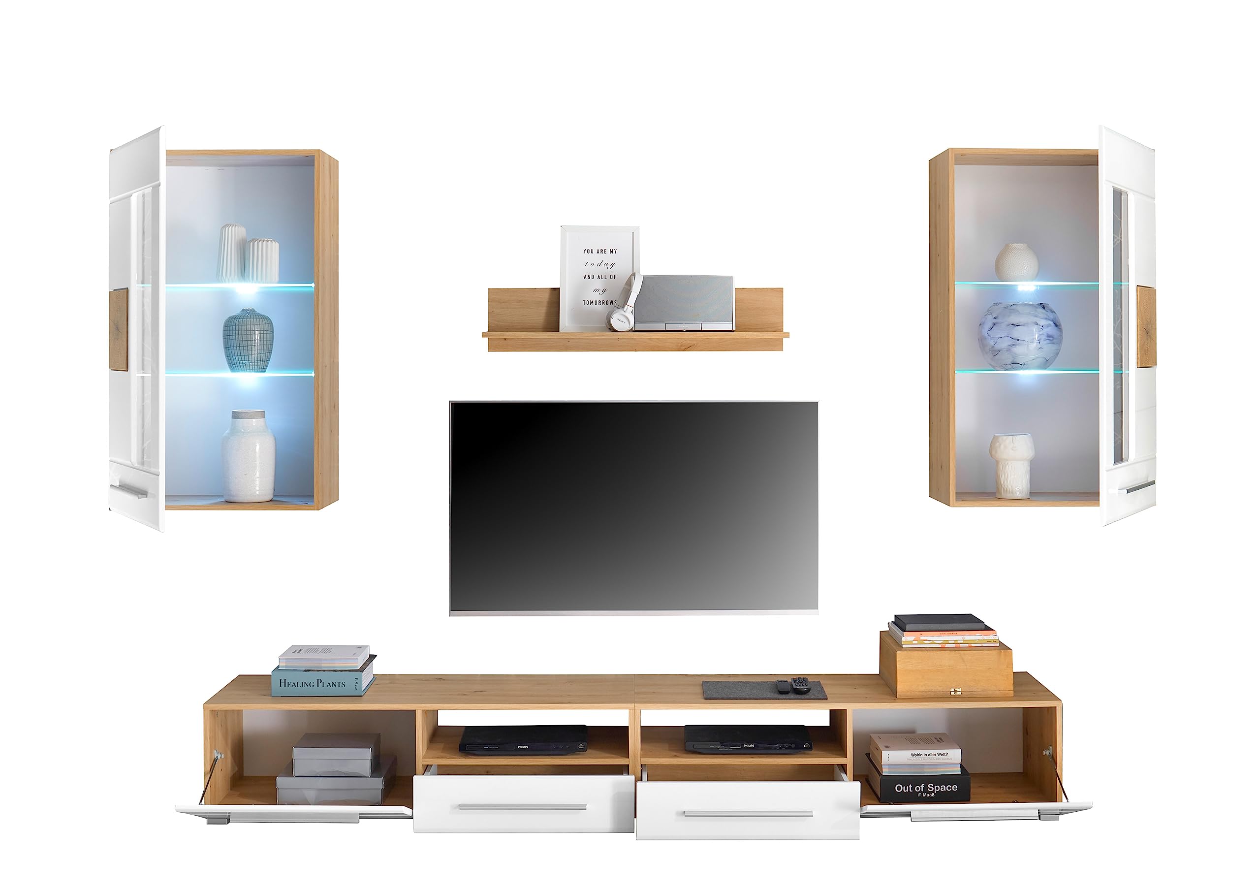 AVANTI TRENDSTORE Giorgina-Parete da soggiorno in laminato con illuminazione LED in quercia artigianale e bianco lucido. Dimensioni: LAP 240x190x43 cm