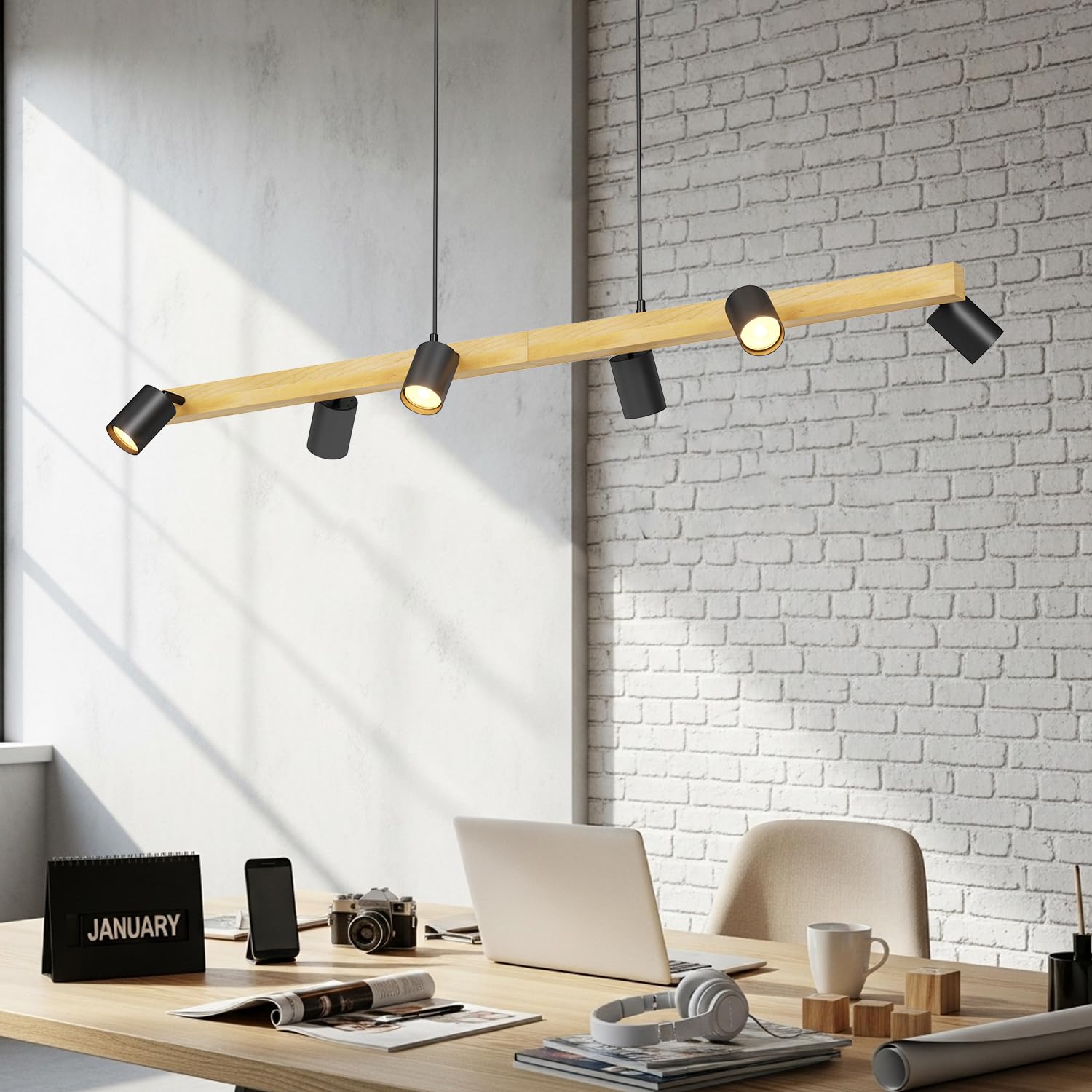LVWIT Pendelleuchte Esstisch 6 Flammig Hängend Schwarz, Industrial Decken Hängeleuchte Holz GU10, Esszimmerlampe Schwarz, Metall Hängend Küchenlampe, Wohnzimmerlampe Decke, Lampe Flur