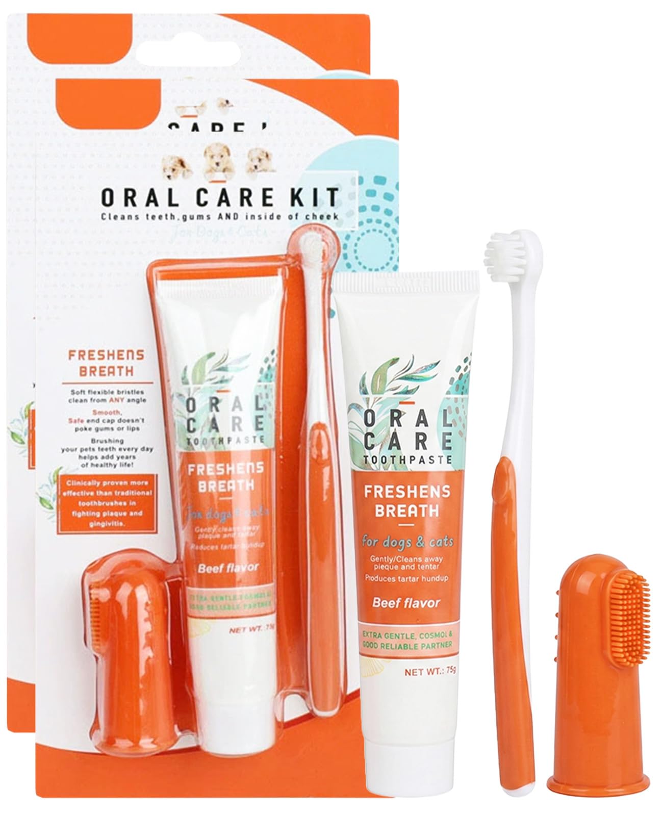 Xivicii 2 Pcs Dog Toothbrush and Toothpaste, Cat Teeth Cleaning with Beef Flavor Toothpaste Finger Brush and Toothbrush for Dogs Cats