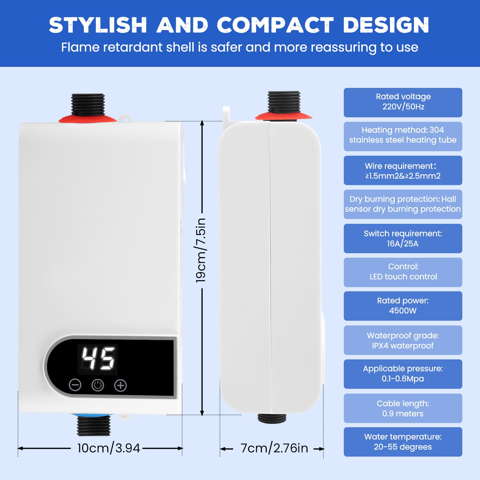 Scaldabagno Elettrico Istantaneo, 220V 5500W Mini Scalda Acqua Elettrico Istantaneo con Display Digitale LCD e Pulsanti a Sfioramento Piccola Cucina, Bagno, Minatura