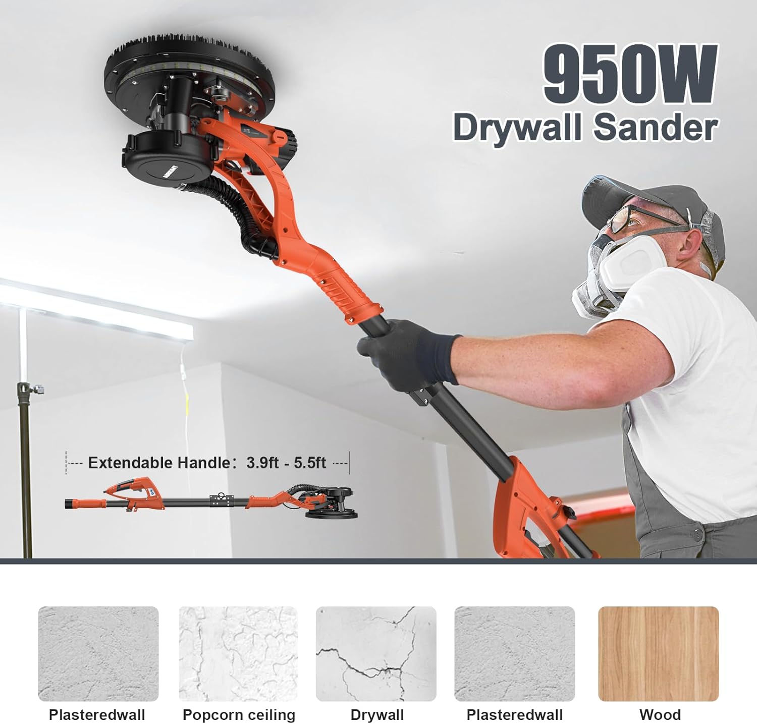 950W 8-Amp Drywall Sander with Vacuum Attachment, Lijadora para Drywall, 7 Variable Speed with Vacuum Dust Collector, Lightweight with 360° Light for Ceilng Floor Plastered Popcorn, Orange
