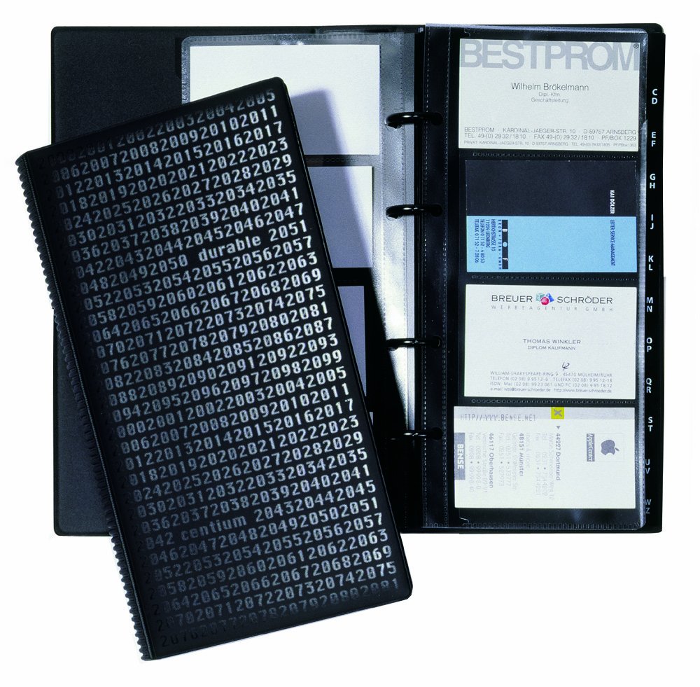Durable 240301 Carpeta de anillas para tarjetas de visita Visifix centium, 200 tarjetas 90 x 57 mm, 145 x 47 x 255 mm, negro