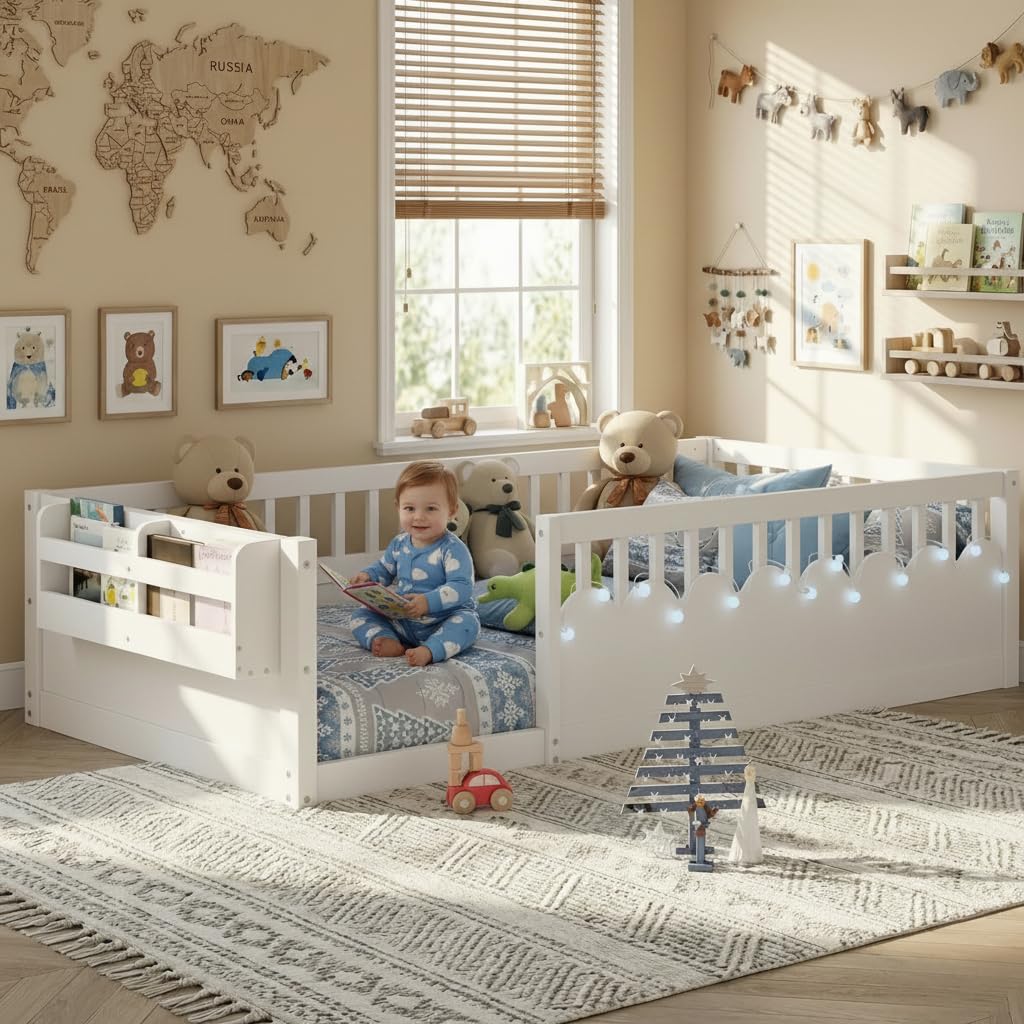 Montessori Floor Bed with High Rails,Twin Size Floor Bed Frame for Kids, LED Lights & Storage Shelf, Safe & Wider Opening Gate Design, Playground & Sleep Space for Girls Boys,White