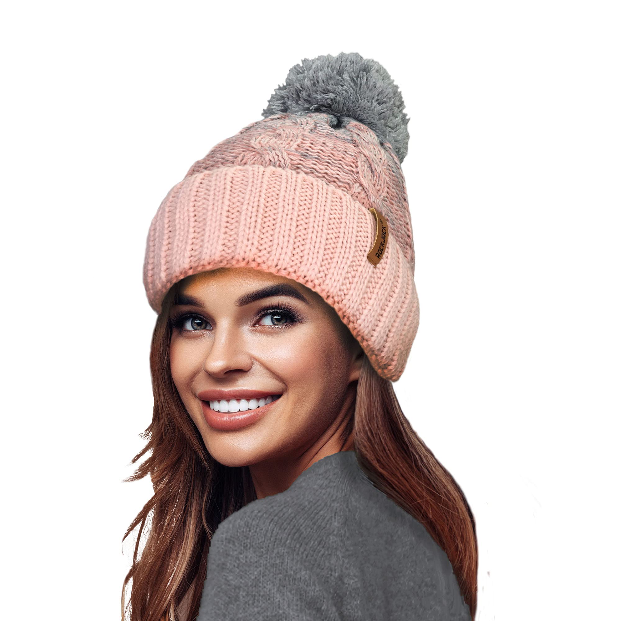 Rockjock Women's Pink/Grey Stormactive 100% Waterproof Unisex Chunky Ombre Warm Winter Teddy Fleece Lined Knitted Pompom Beanie Hat