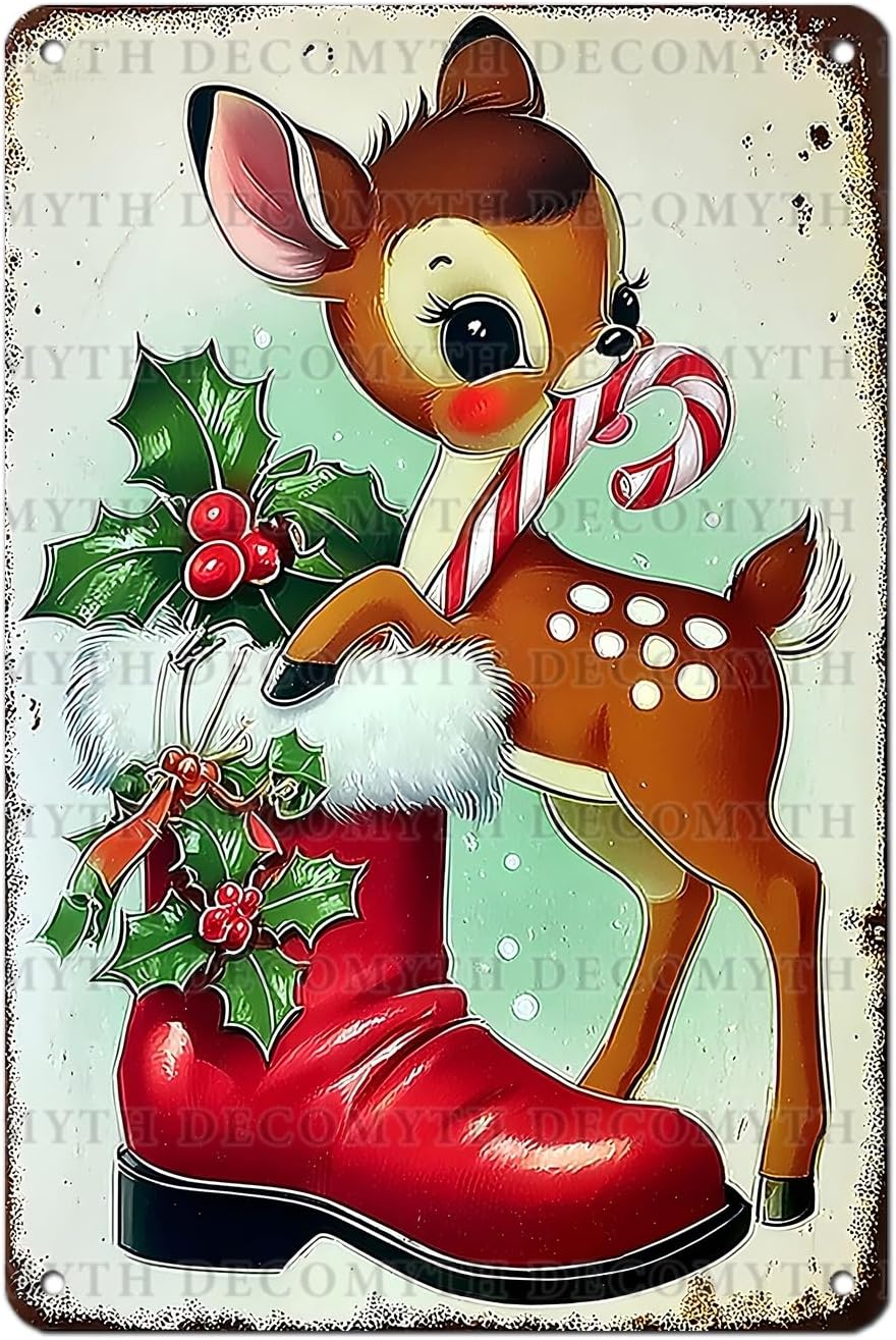 Letrero de metal retro de Navidad con reno para decoración de cocina de invierno para estaciones de cacao caliente, rincón de café, ambiente