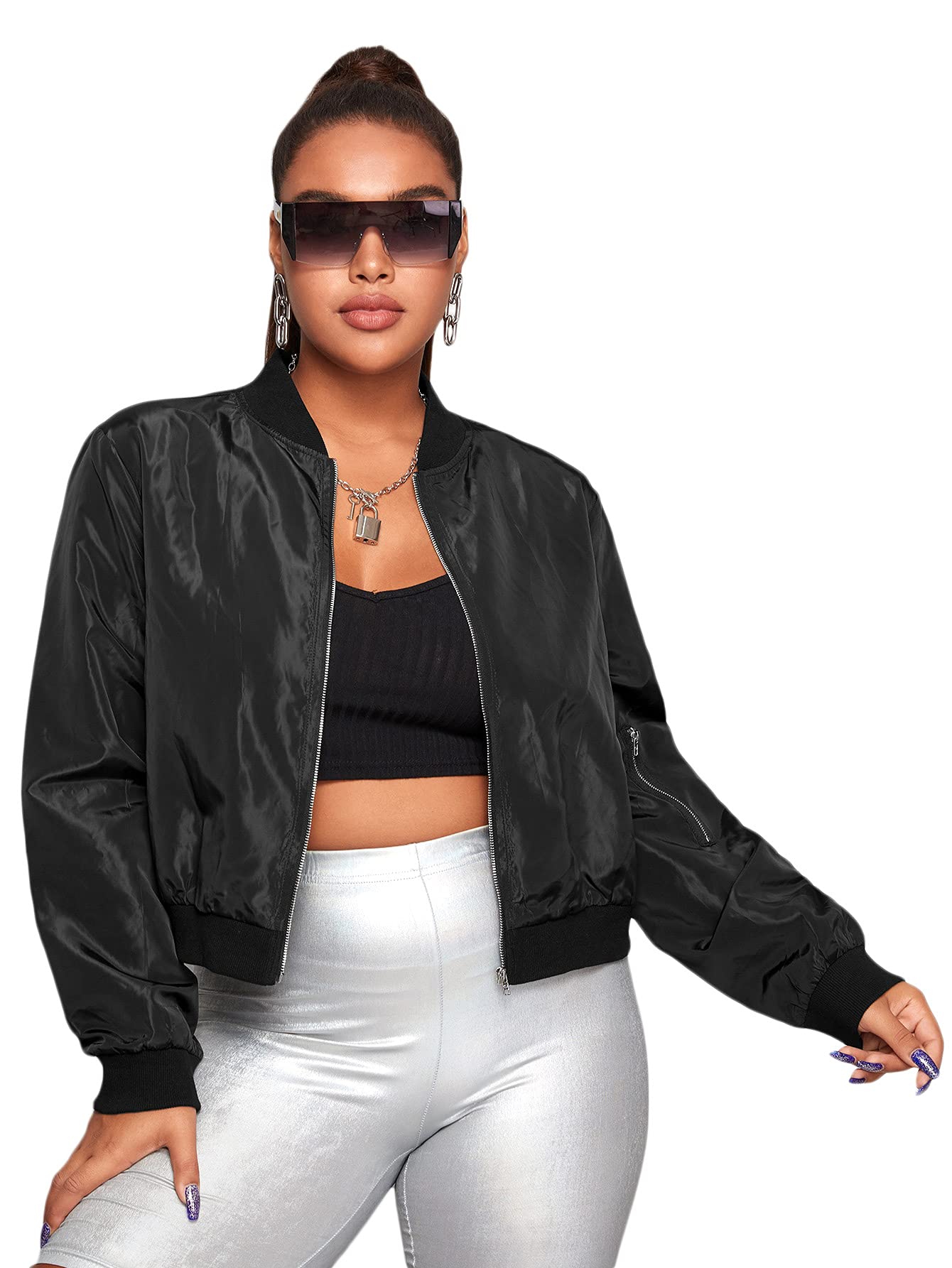 Floerns Women's Plus Size Casual Long Sleeve Zip Up Bomber Jacket Crop Tops Black 5XL